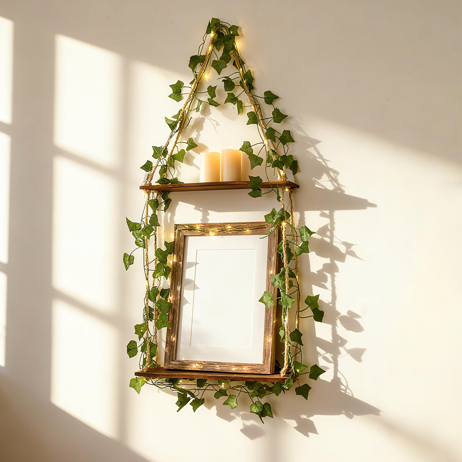 Artilady Artificial Ivy Macrame Hanging Shelves 3 Tier with Lights Boho Wall Decor, Rustic Wood Flaoting Shelf Plant Storage Rack for Bedroom Bathroom Living Room Nursery