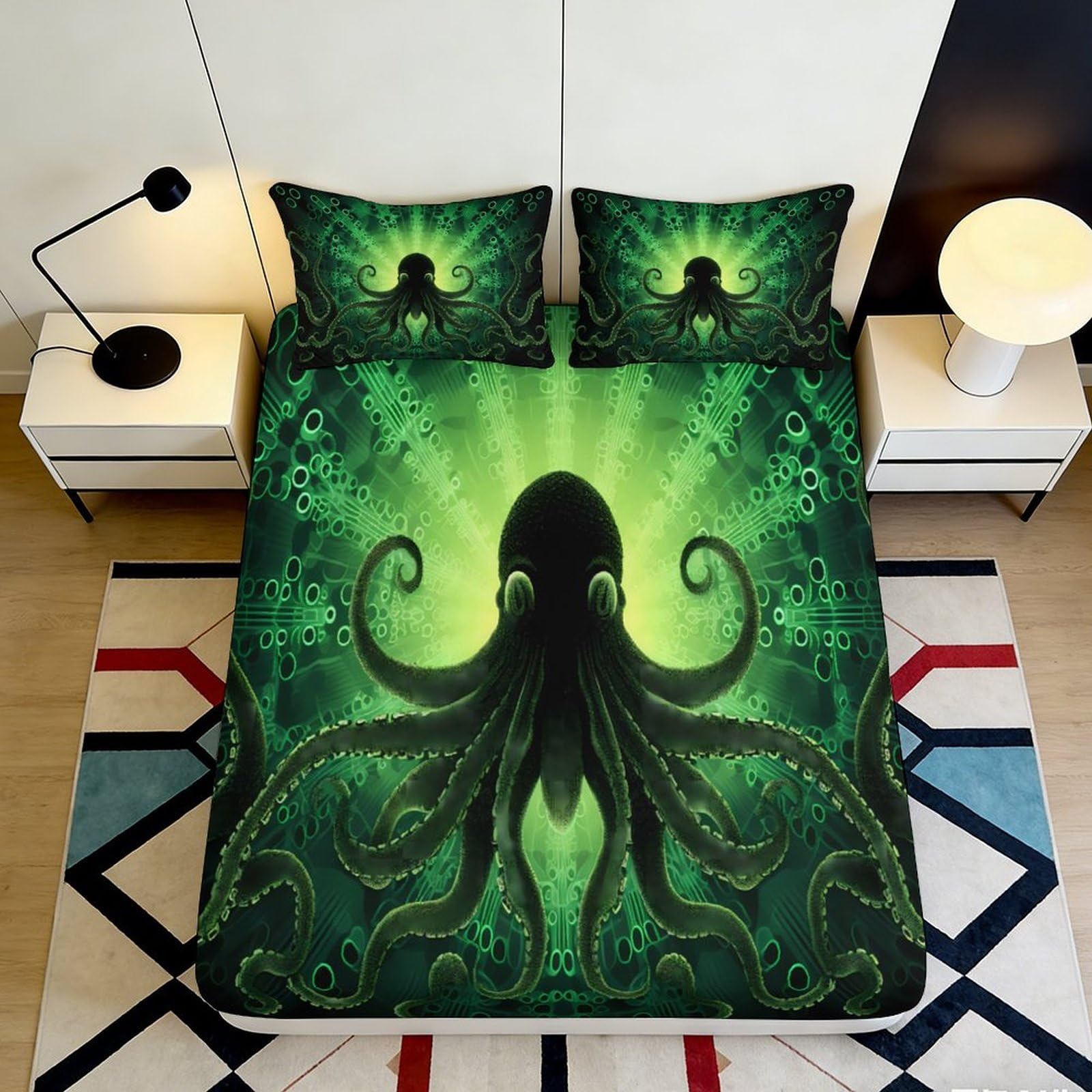 Pnayamiorkfel Style-10 3D Printed Green Octopus Fitted Sheet Microfiber Bedroom Decor Deep Sea Pattern Mattress Cover For Home Dorm 90X200x25cm