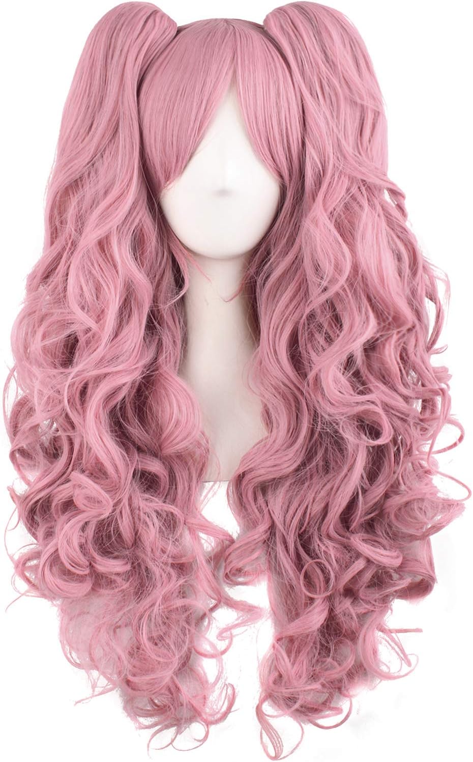 MapofBeauty Lolita Long Curly Clip on Ponytails Cosplay Wig (Rouge Pink)