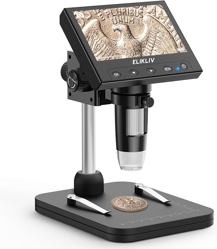 Microscopio de monedas Elikliv, microscopio digital LCD de 4,3 '' 1000x | Lupa para monedas con 8 luces LED ajustables, vista de PC compatible con Windows/Mac, EDM4B, negra