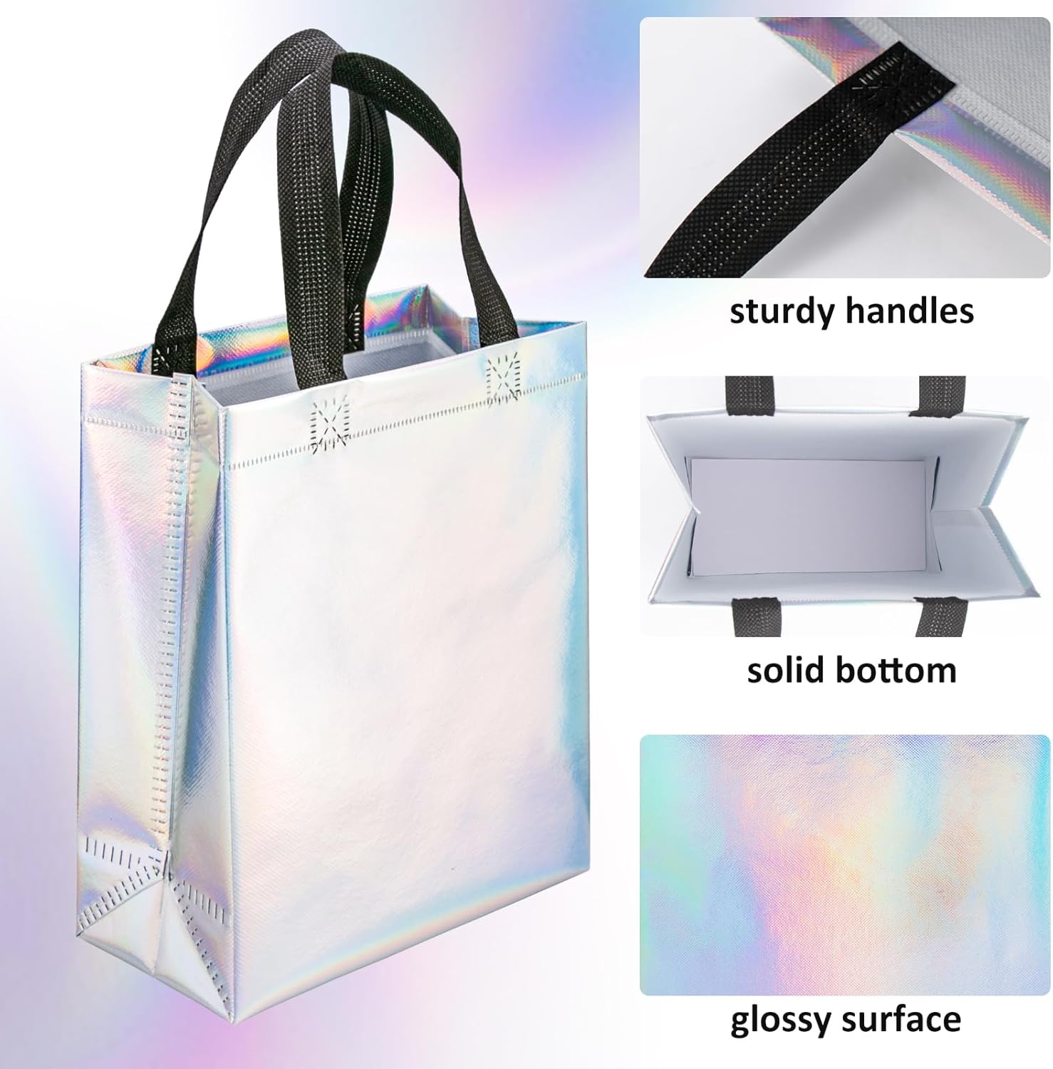 Ronvir 30 Pcs Iridescent Glossy Gift Bags Bulk,8x4x10 inch Non Woven Holographic Reusable Party Favors Bags for Birthday, Christmas, Goodie,Wedding, Holiday, with Handles & Sturdy Base - Medium - Image 3