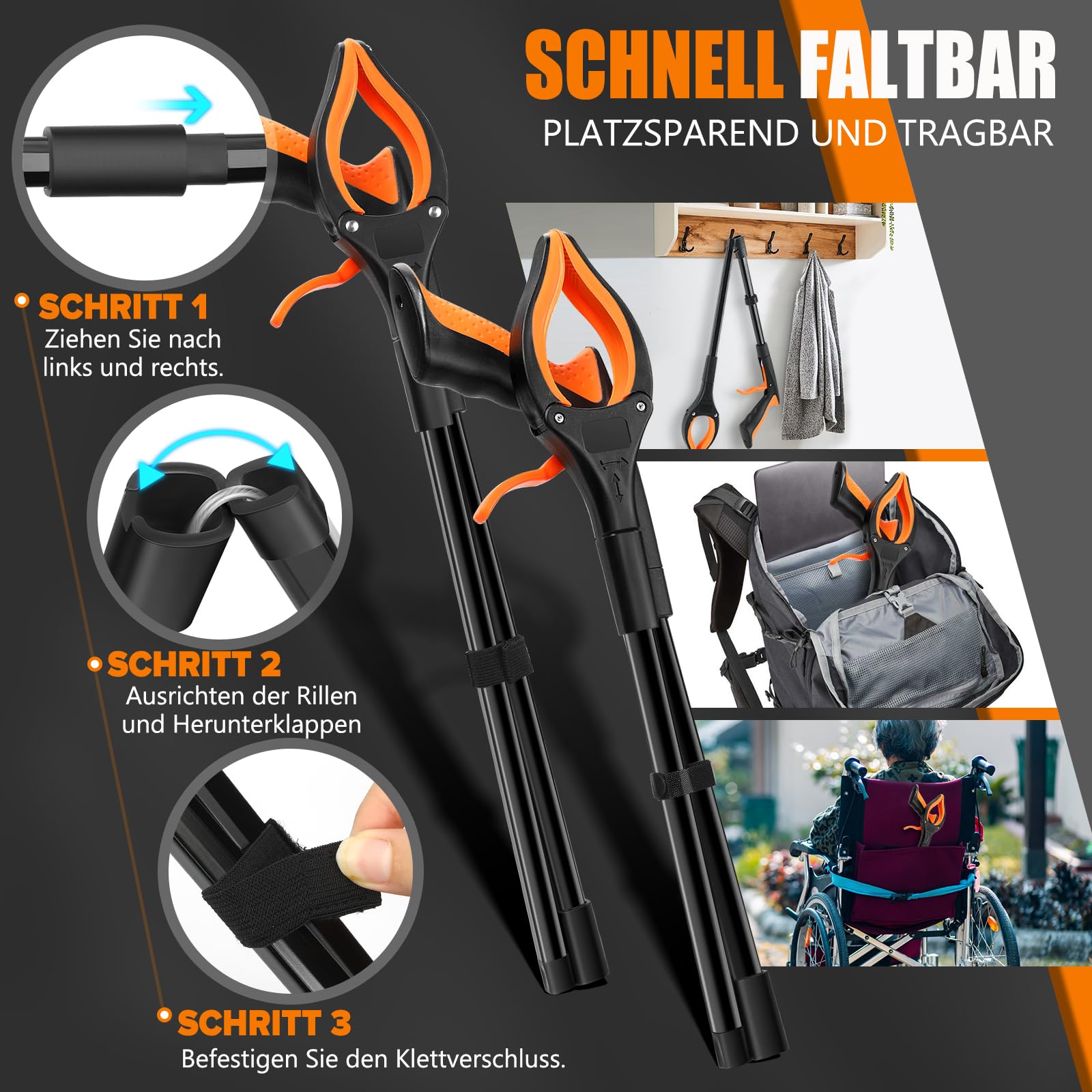 Angooni 2 Stück Müllzange Greifzange 100 cm, 80 cm - Faltbare Müllgreifer - Drehbar Greifzange für Senioren - Greifer Kinder - Greifzange für Müll mit Starkem Griff Magnetische Spitze
