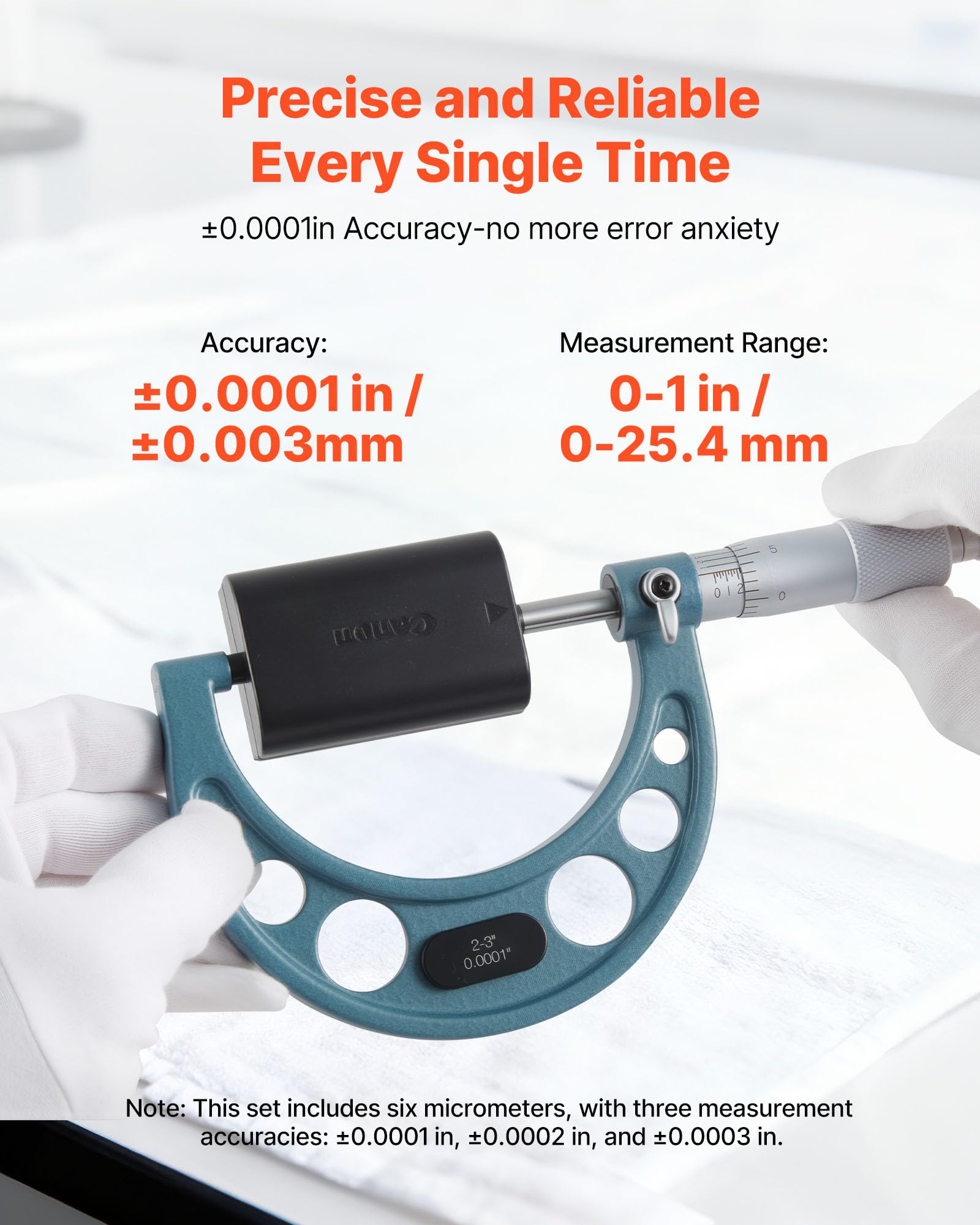 VEVOR Bügelmessschraube 4-tlg. Set, Mikrometer mit Messgenauigkeit von 0,0001/0,0002 Zoll, Messschraube für Metallbearbeitung & Maschinenbau, mit Schutzkoffer, 0-1/1-2/2-3/3-4/4-5/5-6 Zoll