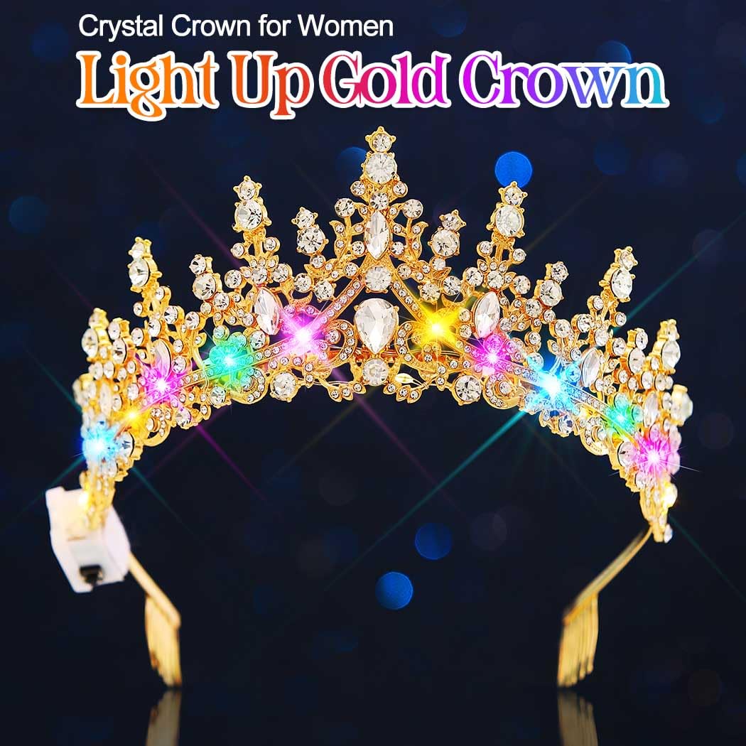 Kilshye Light Up Crown Gold Rhinestone Wedding Tiara Prom Costume Headband for Women - Image 4