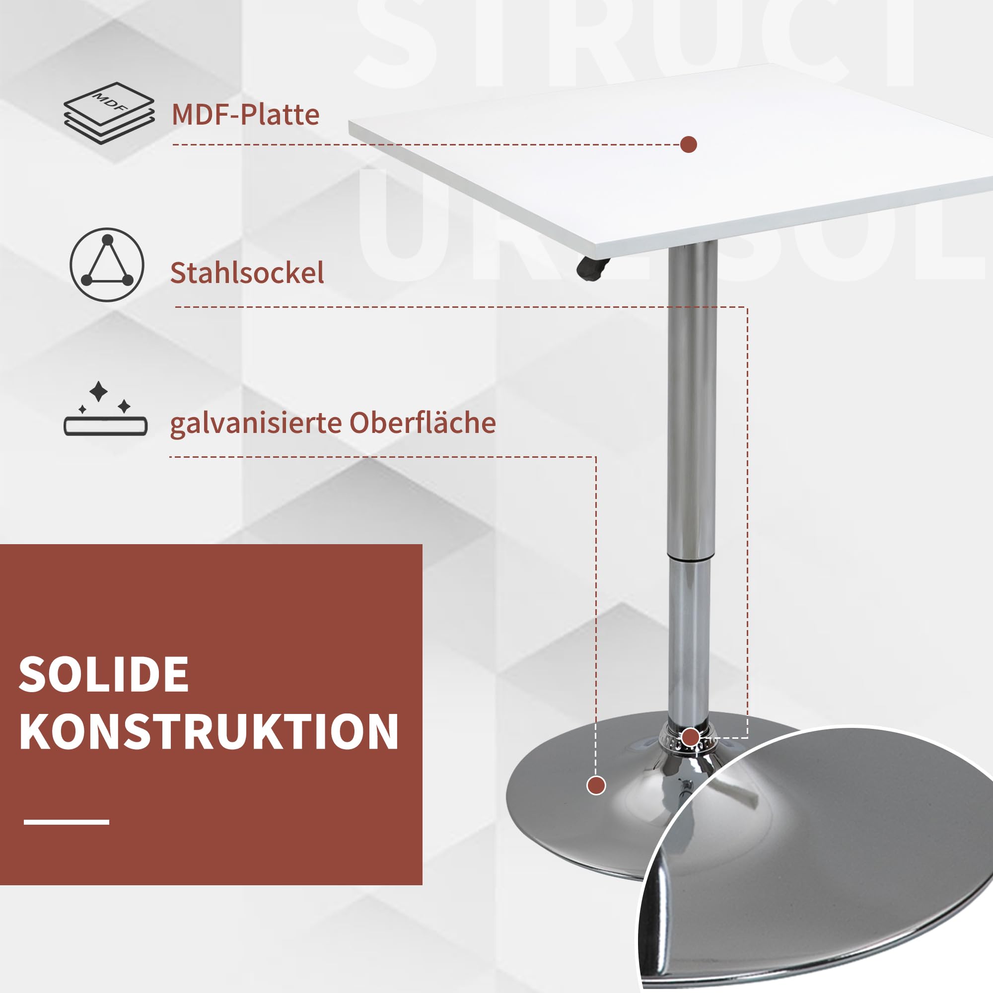 HOMCOM Bartisch Höhenverstellbar Stehtisch mit Drehbar Tischplatte, rutschfest Küchentisch für Wohnzimmer, Esszimmer, Weiß, 60 x 60 x 69-91 cm