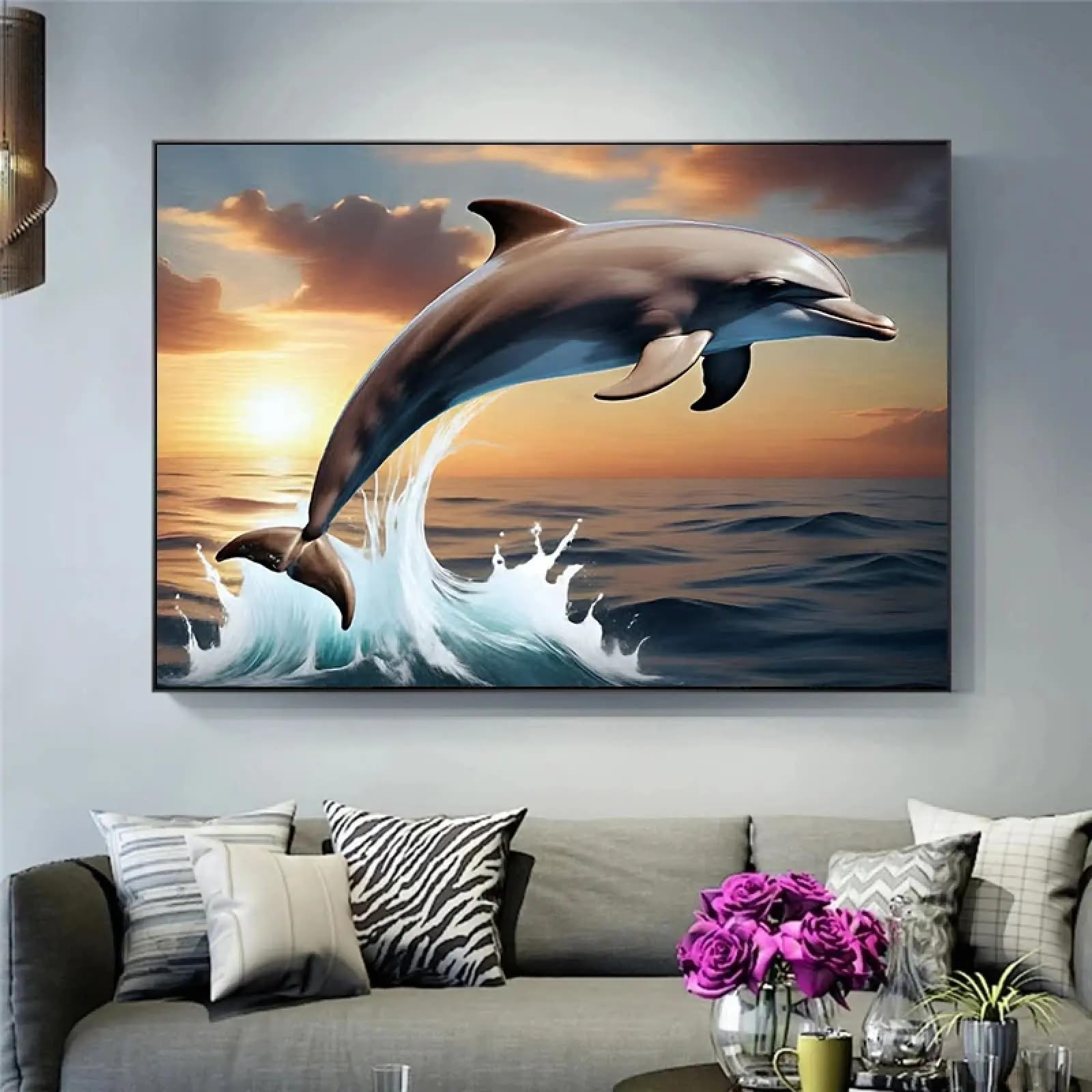 Coucher de soleil sur l'océan en peinture toile dauphin pour décorer un salon chaleureux - 8