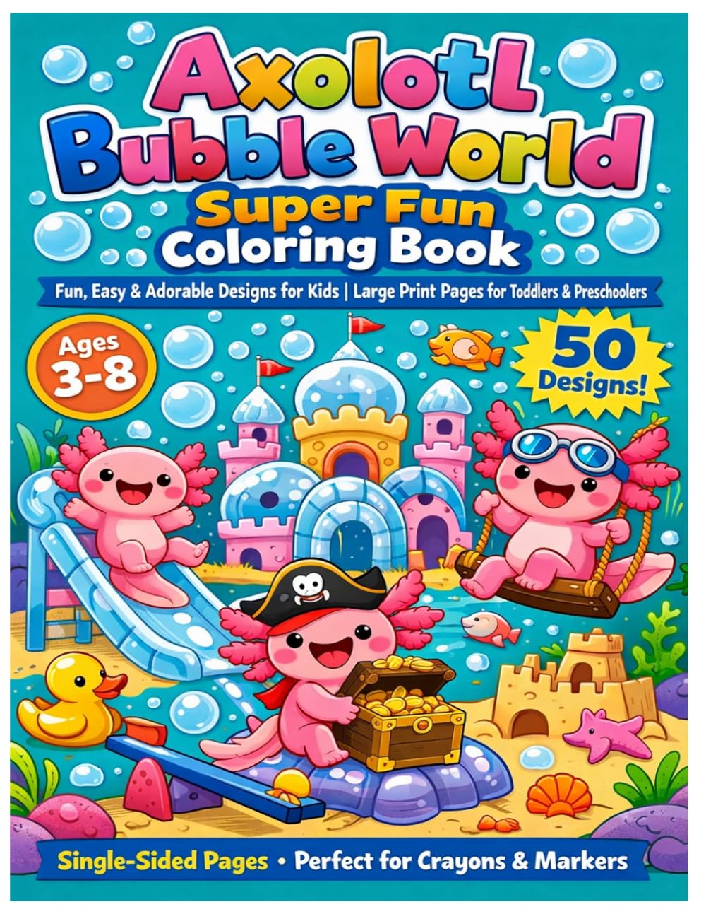 Axolotl Bubble World Super Fun Coloring Book: Fun, Easy & Adorable Designs for Kids | Large Print Pages for Toddlers & Preschoolers