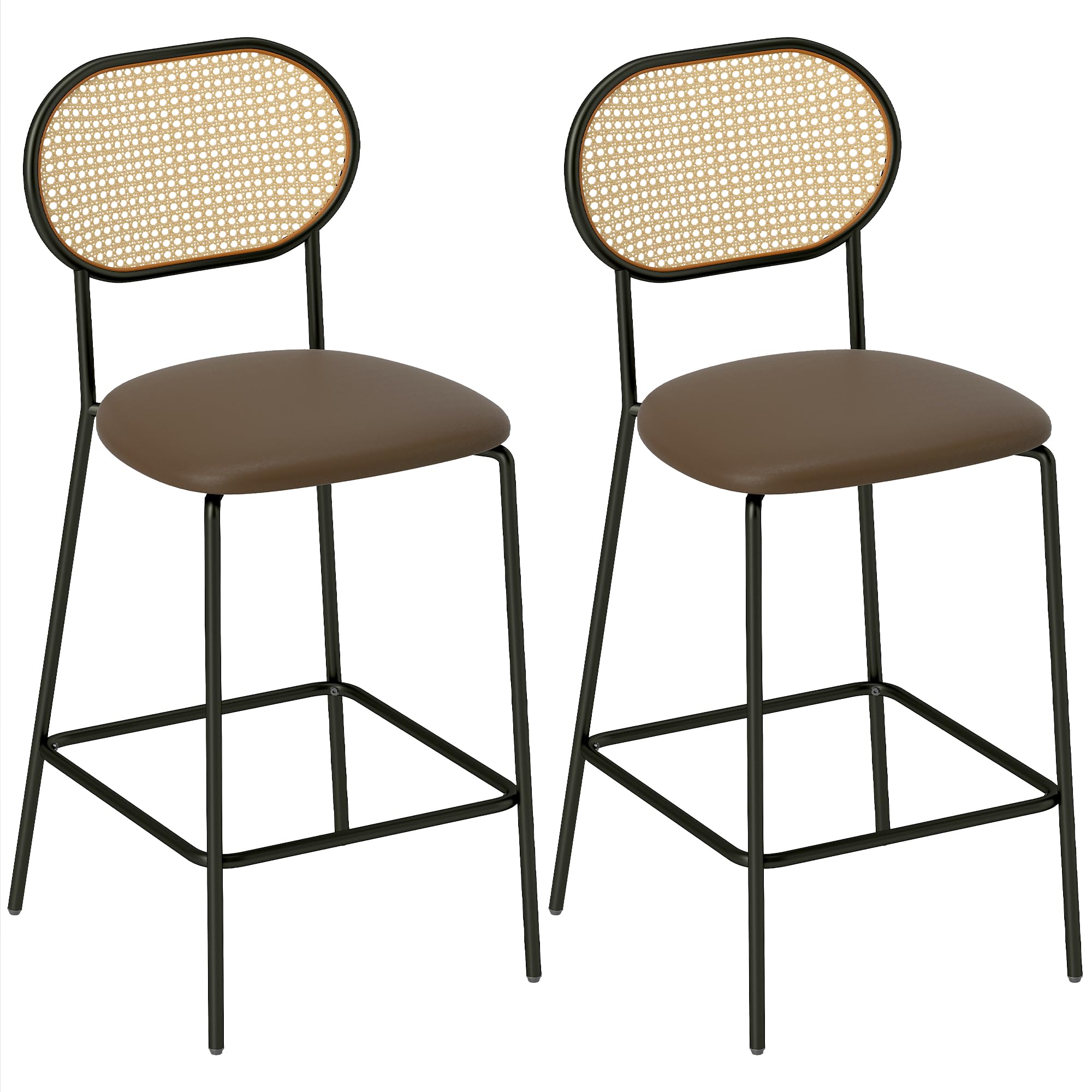 HOMCOM Juego de 2 Taburetes de Bar Taburetes Altos de Cocina con Respaldo de Ratán Asiento de PU Marco de Acero y Reposapiés para Comedor Mostrador 45x50x97 cm Marrón
