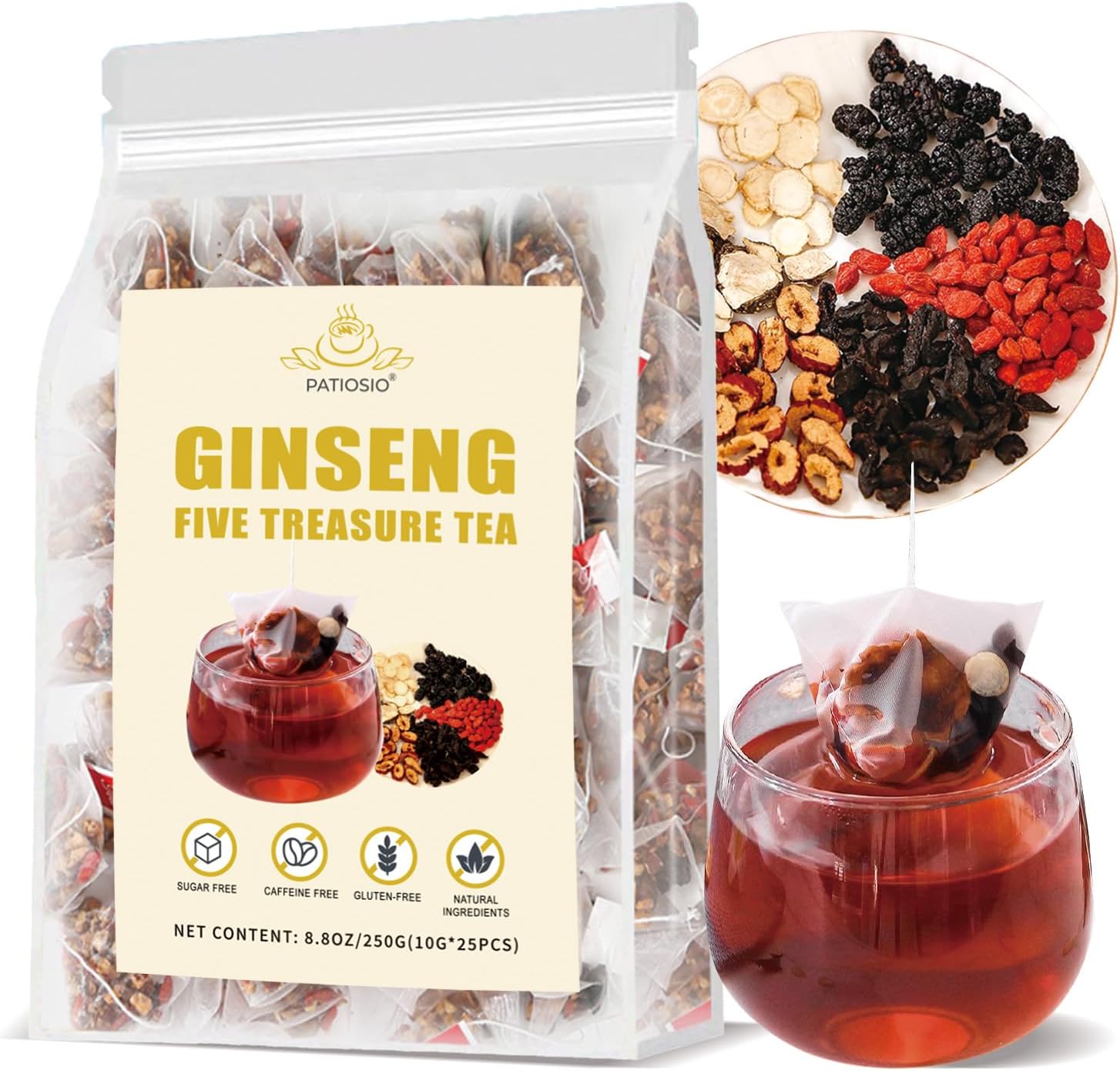Ginseng Five Treasures Tea - Kidney Tea Wubao Tea, Kidney Cleanse Tea Ginseng Six Treasures Tea, Ginseng Red Date Natural Chinese Herbal Tea Bags for Men Women(250g/10g x25pcs)