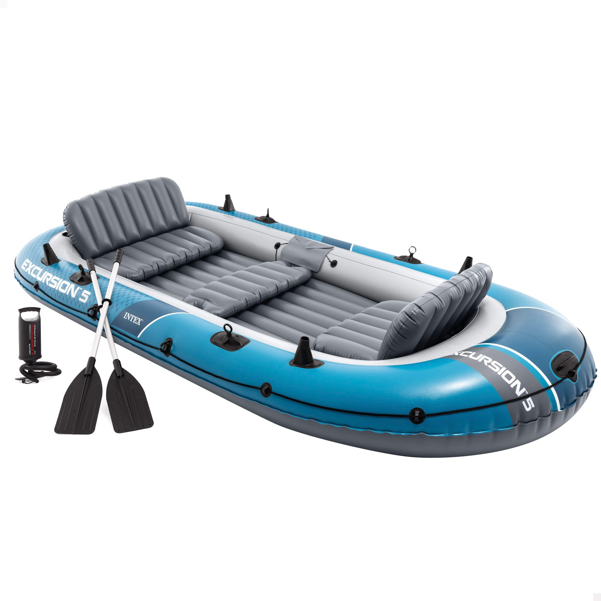 Intex Barca Hinchable, Modelo Excursion 5, Mide 366x168x43 cm, Máx. 600 kg, para 5 Personas, Incluye remos y Asientos, Bomba de inflado, Parche reparación, 3 cámaras de Aire, Pesca o recreo (66325)
