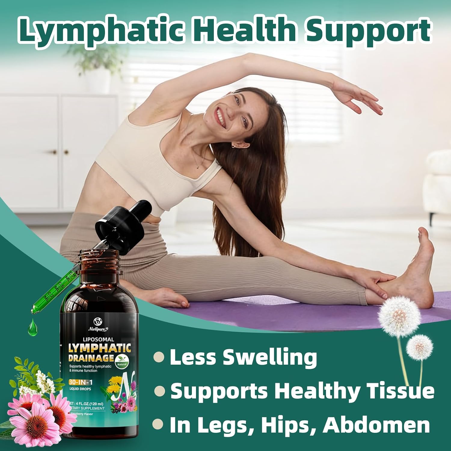 Liposomal Lymphatic Drainage Drops, 4 fl oz – 30-in-1 Lymphatic Drainage Supplements with 23 Herbs & 7 Vitamins – Supports Lymphatic System, Immune & Liver Health – Detox Support – 60-Day Supply