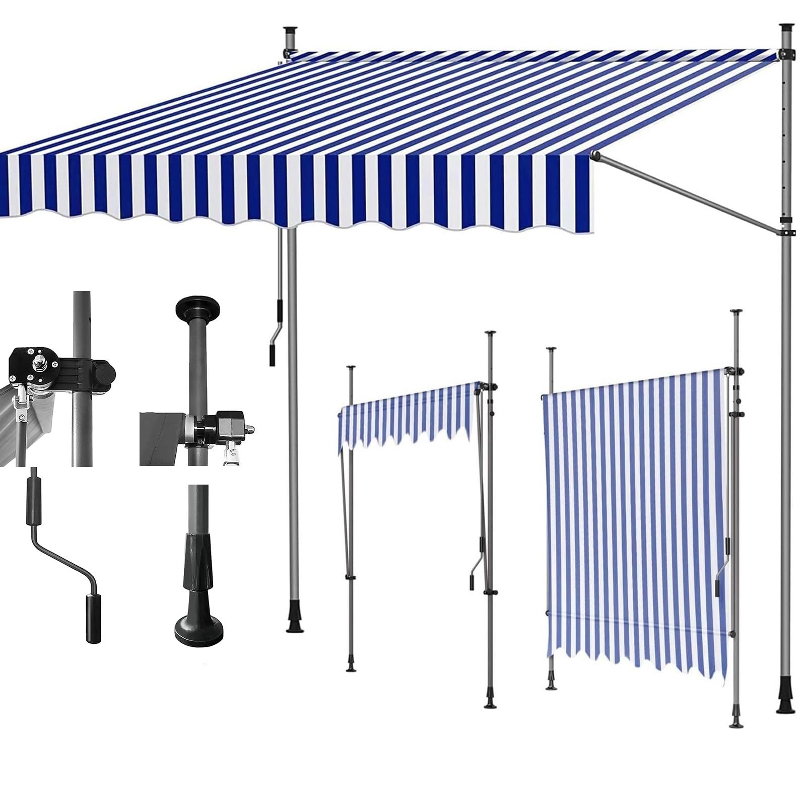 LWJSOCP Retractable Sun Shade Awning for Patio, Windows & Doors - UV-Resistant Fabric with Crank Handle & Support Rod - Outdoor Shelter Cover (Blue)
