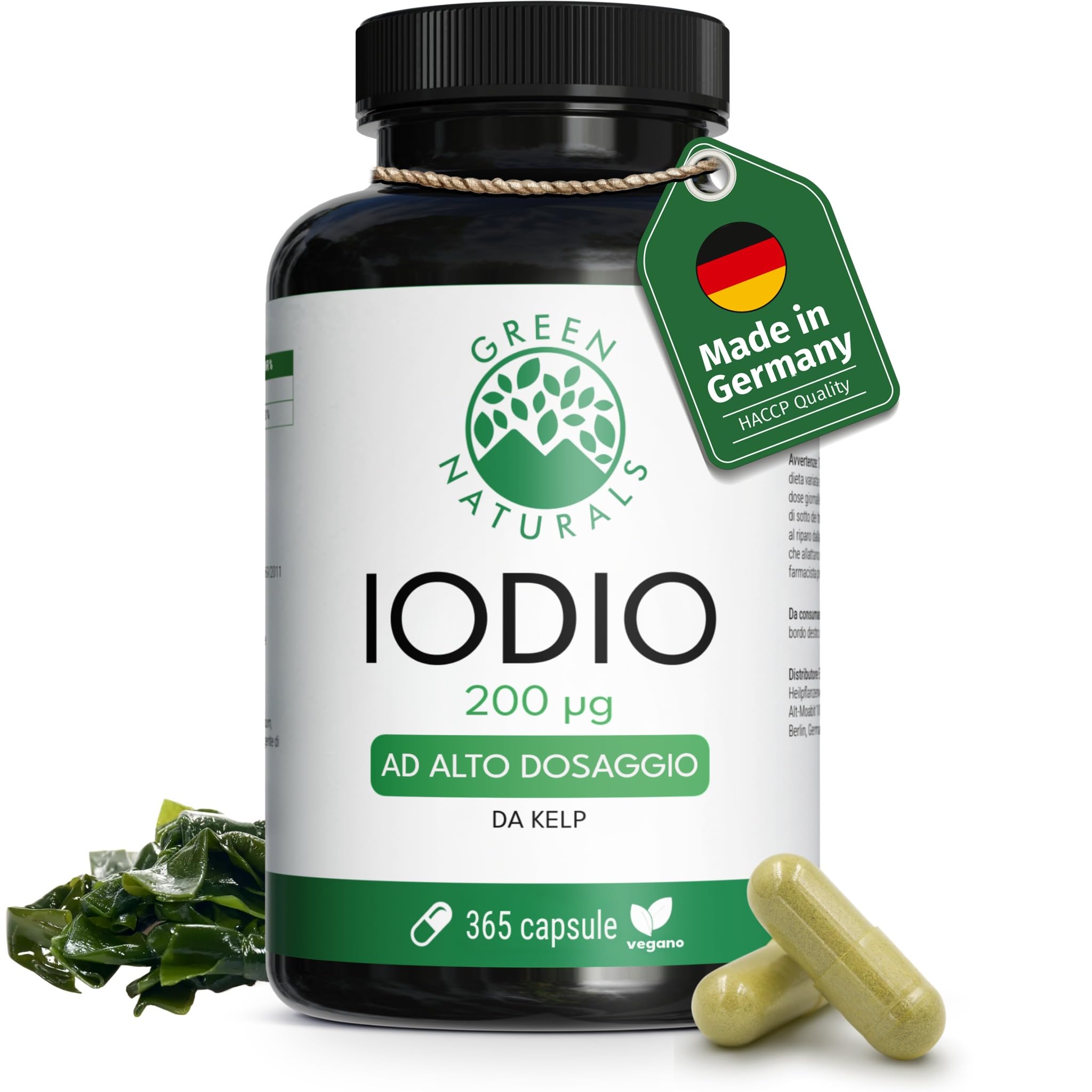 Green Naturals® Iodio da Kelp ad alto dosaggio – 365 capsule per 1 anno – 200 µg di iodio naturale per capsula (133% NRV) – Alga bruna Ascophyllum nodosum – 100% vegan, senza additivi inutili