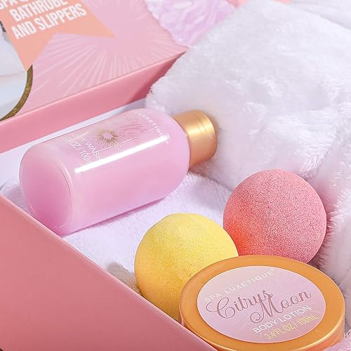 Miniatura 7 de Spa Luxetique Juego de bata y pantuflas para mujer, regalos de Navidad, 6 piezas de bata de baño suave de franela, juegos de baño y trabajo corporal