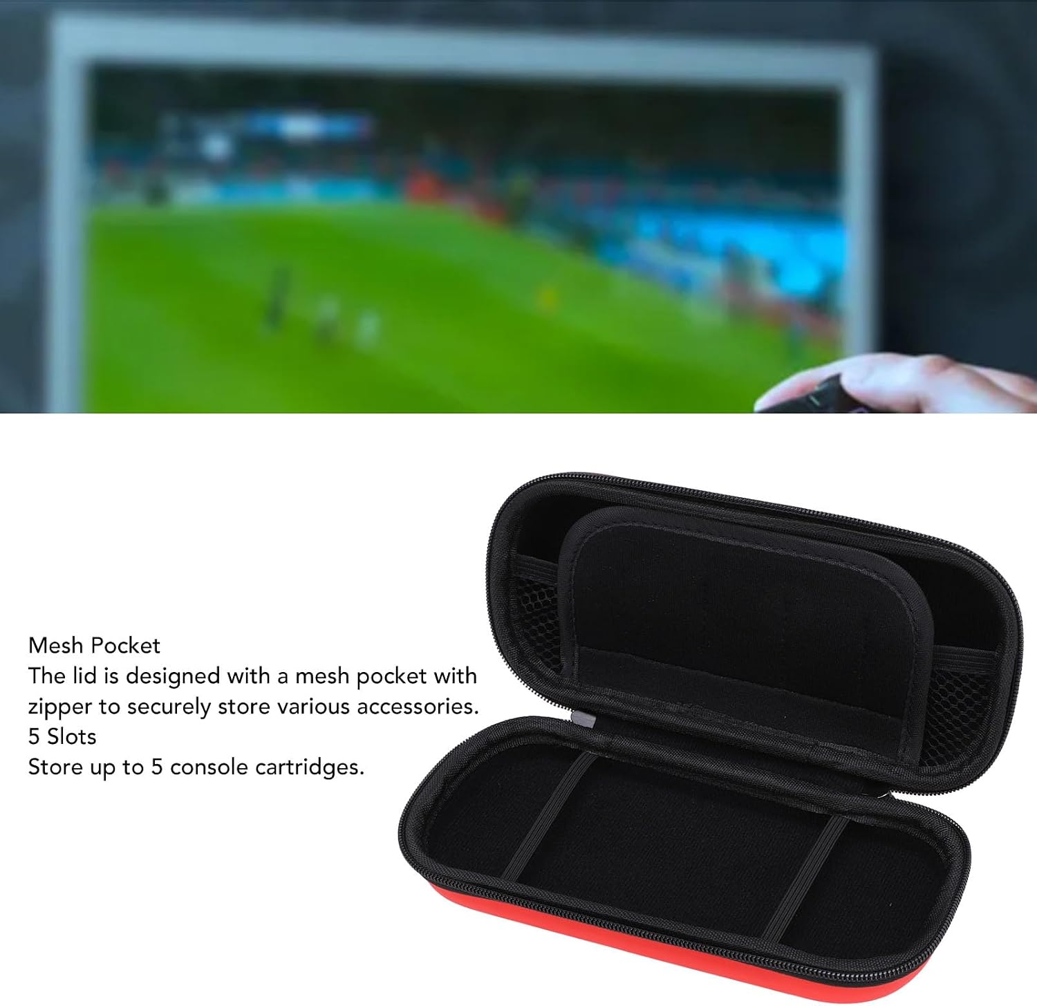 Asixxsix 3000 Carrying Case, Hard Game Console Protective Case Bag with Wrist Band, 5 Game Cartridge Slots, Travel Pocket Pouch and Mesh Pocket, Water PU EVA (Red)