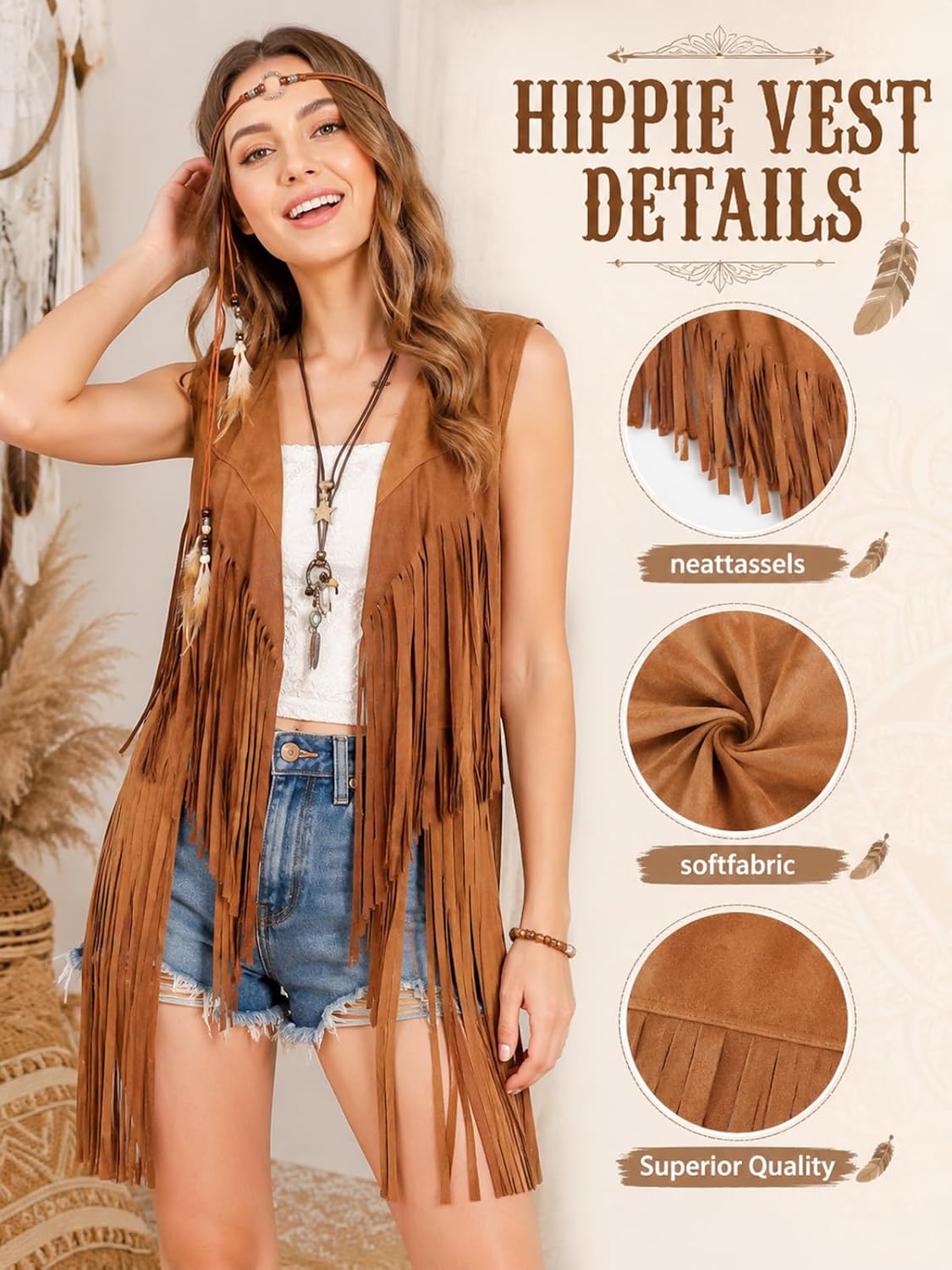 4Pcs Hippie Costume for Women 70s Outfits with Fringe Vest, 60s 70s Tops for Carnival &party