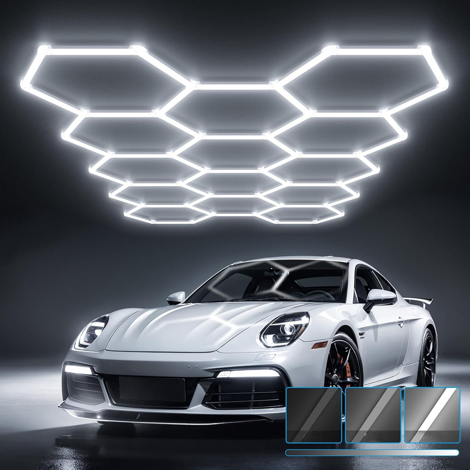 HYPERLITE Gen 2 Hexagon Garage LED Light, Upgraded 3 Level Dimmable 322W 32200LM Super Bright Garage Detailing Lights, 11 Grids Hex Shop Lights, Hexagon LED Lights for Basement, Gym, Shop