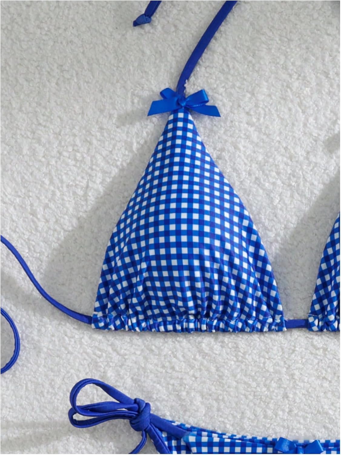 Women's 2 Piece Gingham Bikini Set Cute Triangle Thong Bikini Halter String Bathing Suit High Cut Cheeky Swimsuit - Image 3