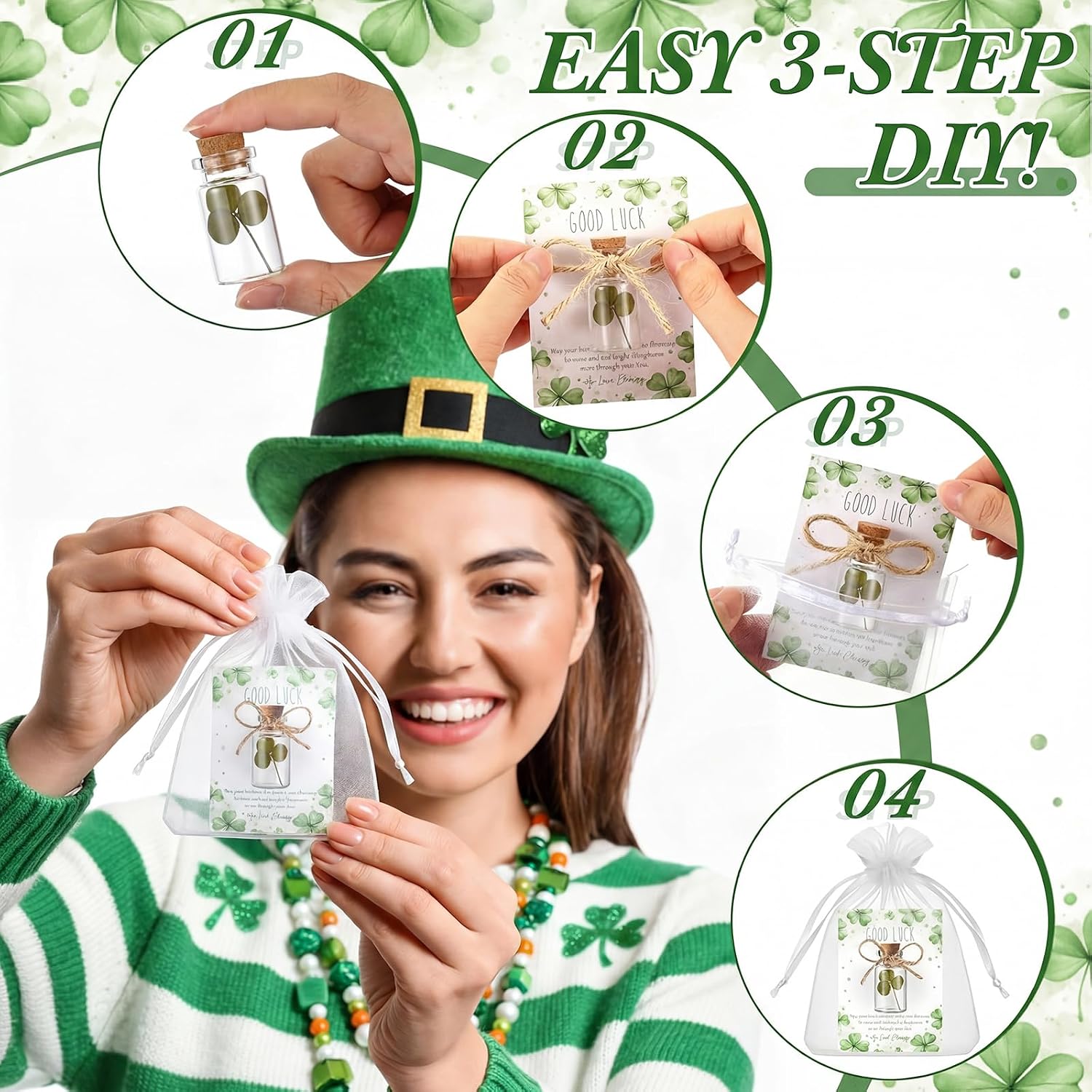 Roowest 12 Sets Shamrock Good Luck Gift Bulk, Real Shamrock in Wish Bottles, Irish Blessing Cards with Organza Bags, Lucky Clover Party Favors, Irish Festival Keepsake, St. Patrick's Day