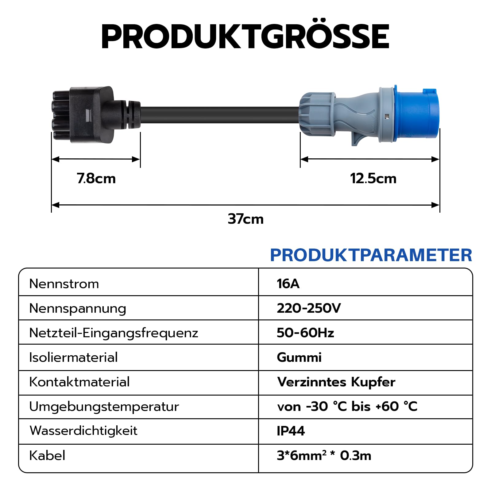 Tesla-Adapter auf CEE Adapter 3 Pin 16A, 0,3 m Tragbares CEE Verlängerungskabel, Tesla Charger Adapter für EV(3 Pin 16A)