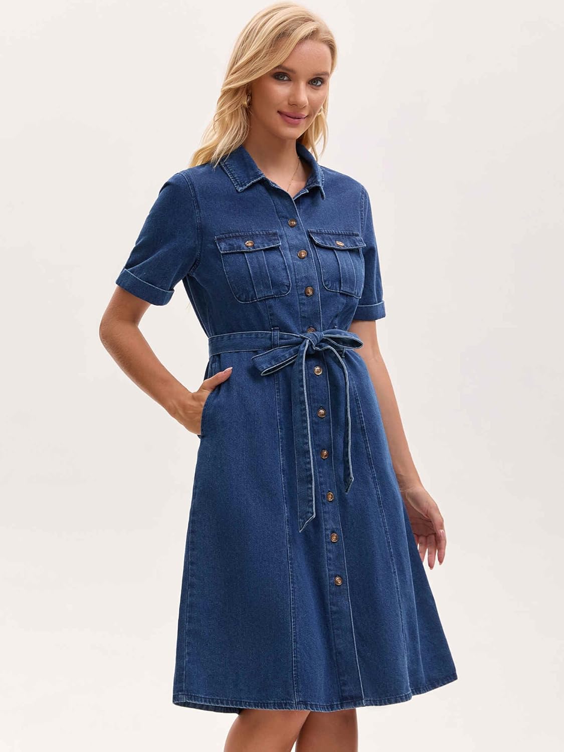 Women's Denim Dress Button Down Short Sleeve Belted Casual Jean Shirt Dresses - Image 2