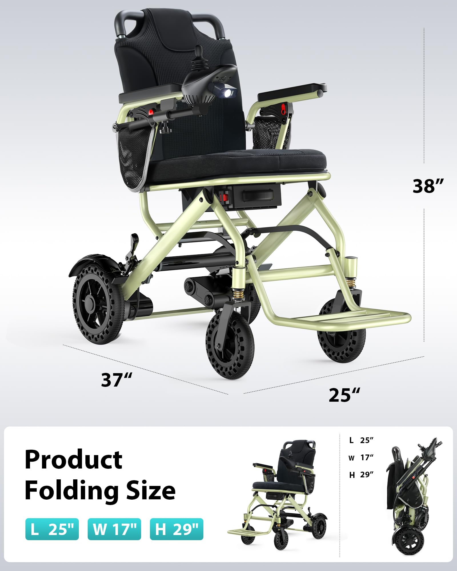 Fauteuil Roulant Électrique Pliable 15 kg, Autonomie 24 km, Charge Max 150 kg, Moteur 360 W, Léger et Compact, pour Adultes et Personnes Âgées, Voyage en Avion, Frein Électromagnétique
