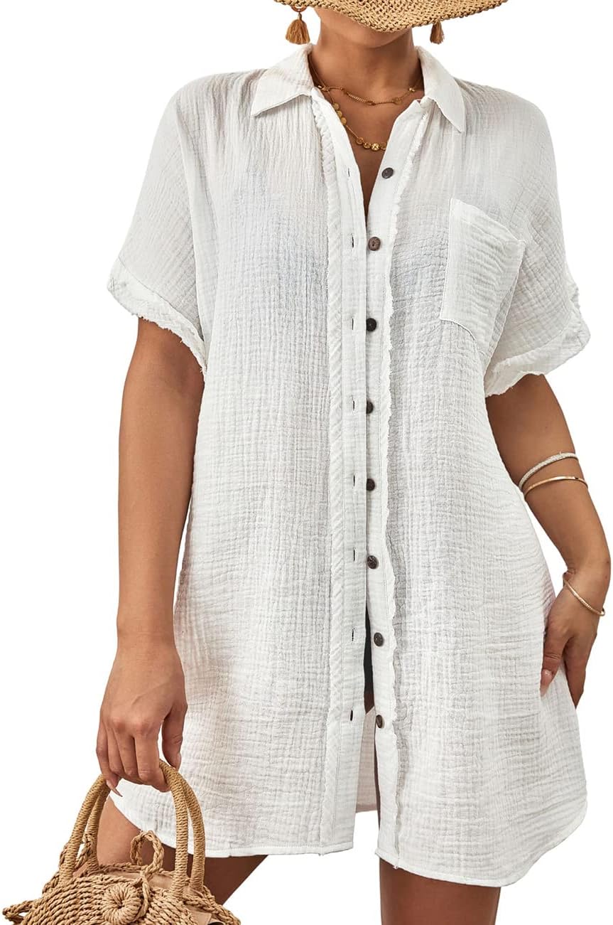BsubseachWomen Swimsuit Coverup Button Down Bathing Suit Cover Ups for Swimwear Short Sleeve Bikini Beach Shirt