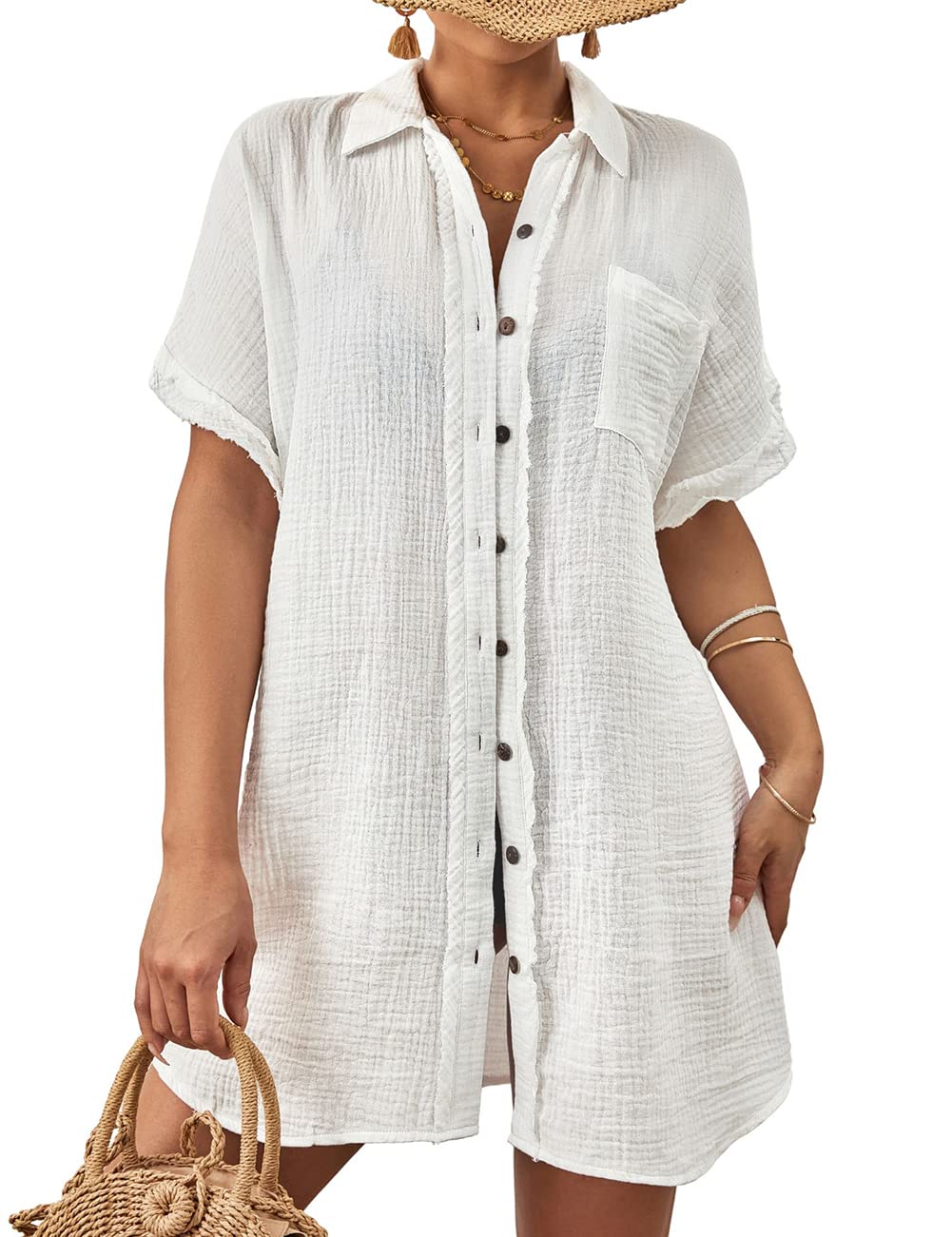 BsubseachWomen Swimsuit Coverup Button Down Bathing Suit Cover Ups for Swimwear Short Sleeve Bikini Beach Shirt