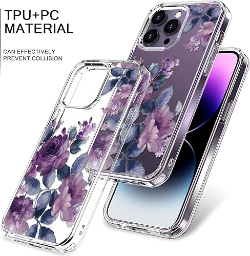 Miniatura 4 de bicol Funda híbrida para iPhone 14 Pro, funda transparente con diseños de moda para mujeres y niñas, diseño floral, delgada, a prueba de golpes, de
