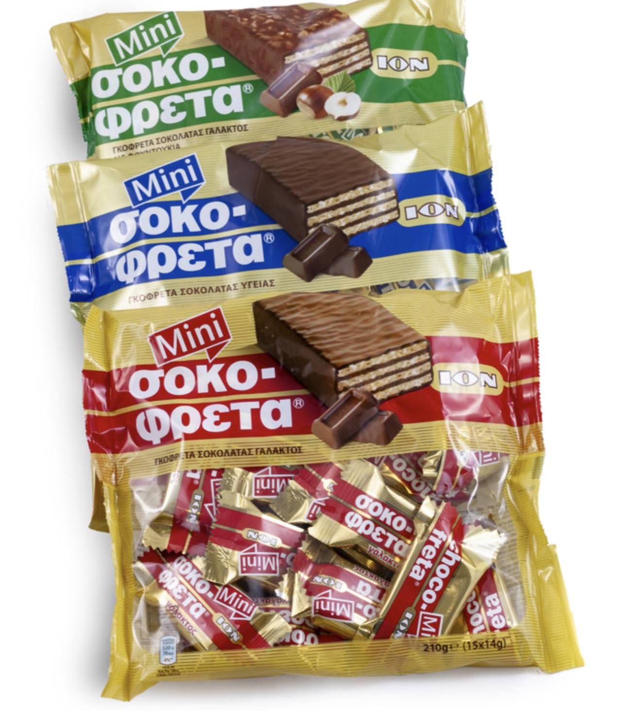 Mini Chocofreta Greek Chocolate Wafer Candy, Assorted Flavors, 210g x 3 Mix Flavor Bags