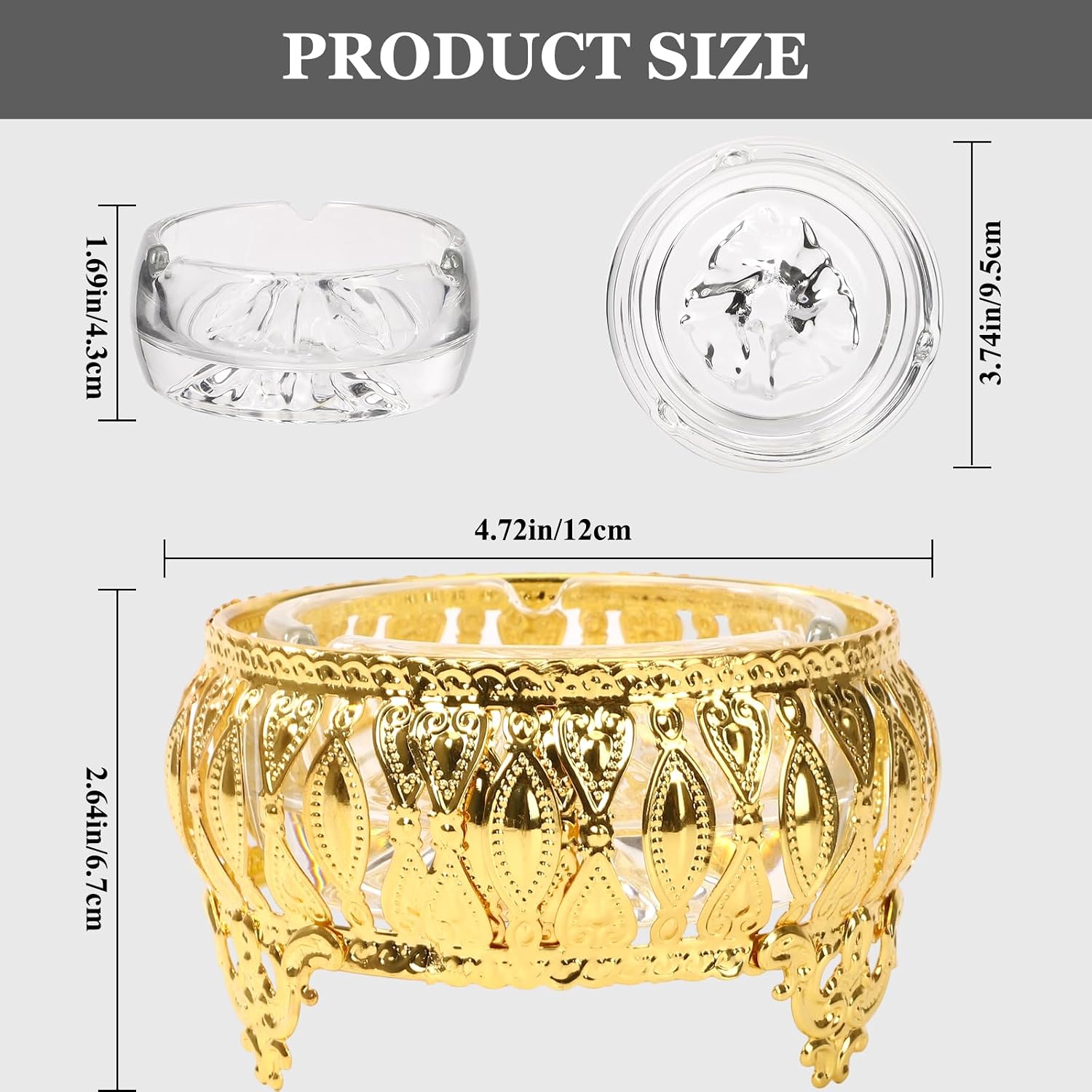 Metal Cigarette & Cigar Ashtray Vintage Pattern Metal Stand with Crystal Glass Liner Round Tabletop Ash Holder for Home Office Patio Hotel Restaurant