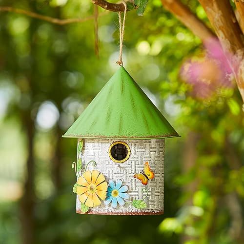 Miniatura 71 de Glitzhome Casas para pájaros para exteriores, casa de pájaros de madera maciza envejecida de gran tamaño de 15 pulgadas de largo con flores 3D