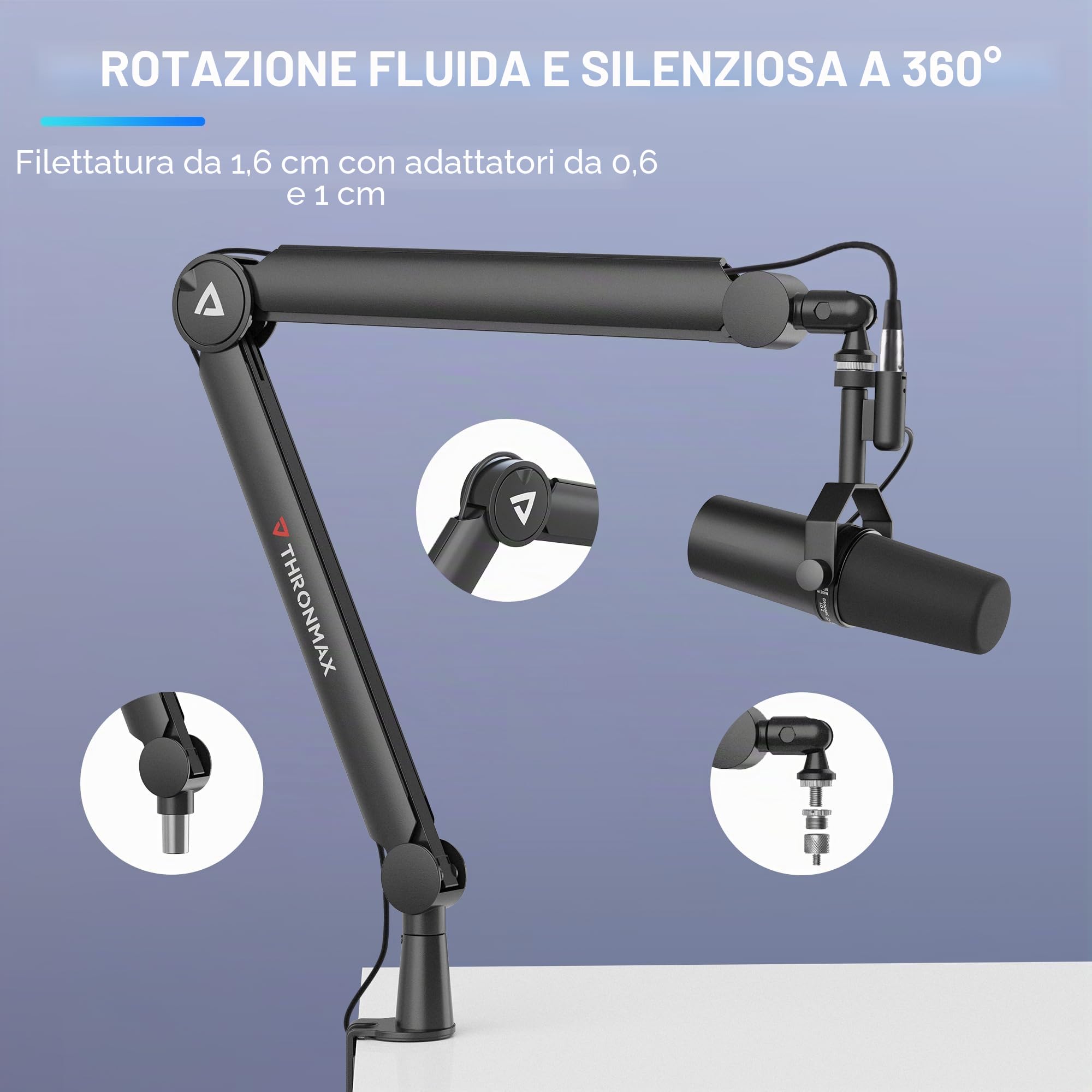 Thronmax Twin-S8 Braccio boom Microfono, Supporto per microfono a forbice regolabile a 360° con cavo integrato in Metallo robusto per Blu Yeti, Universale da 1/4"，3/8" a 5/8"(Nero)