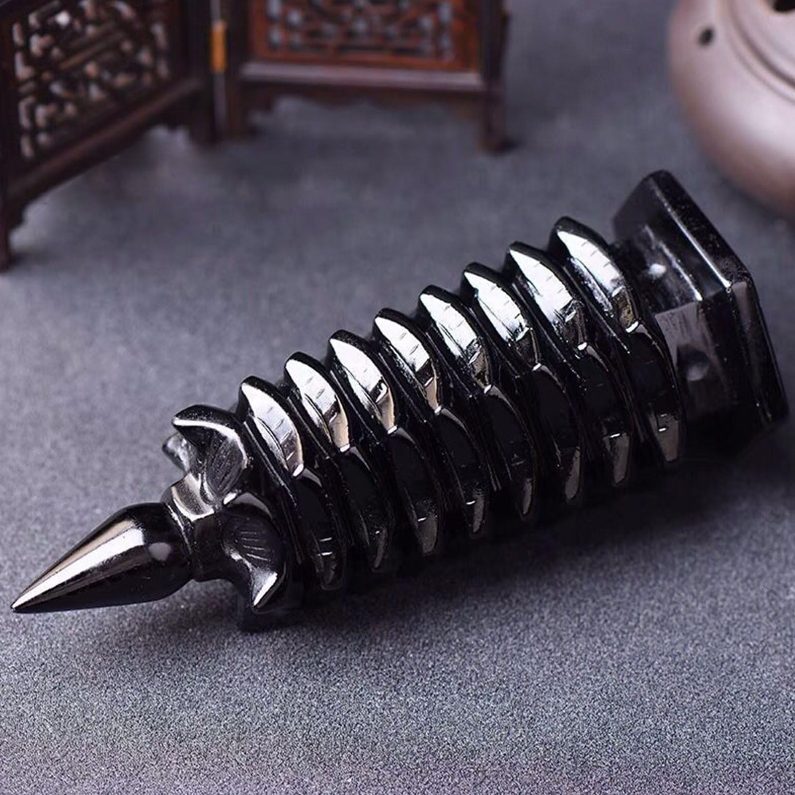 9-stufige Wenchang-Turmstatue aus natürlichem schwarzem Obsidian