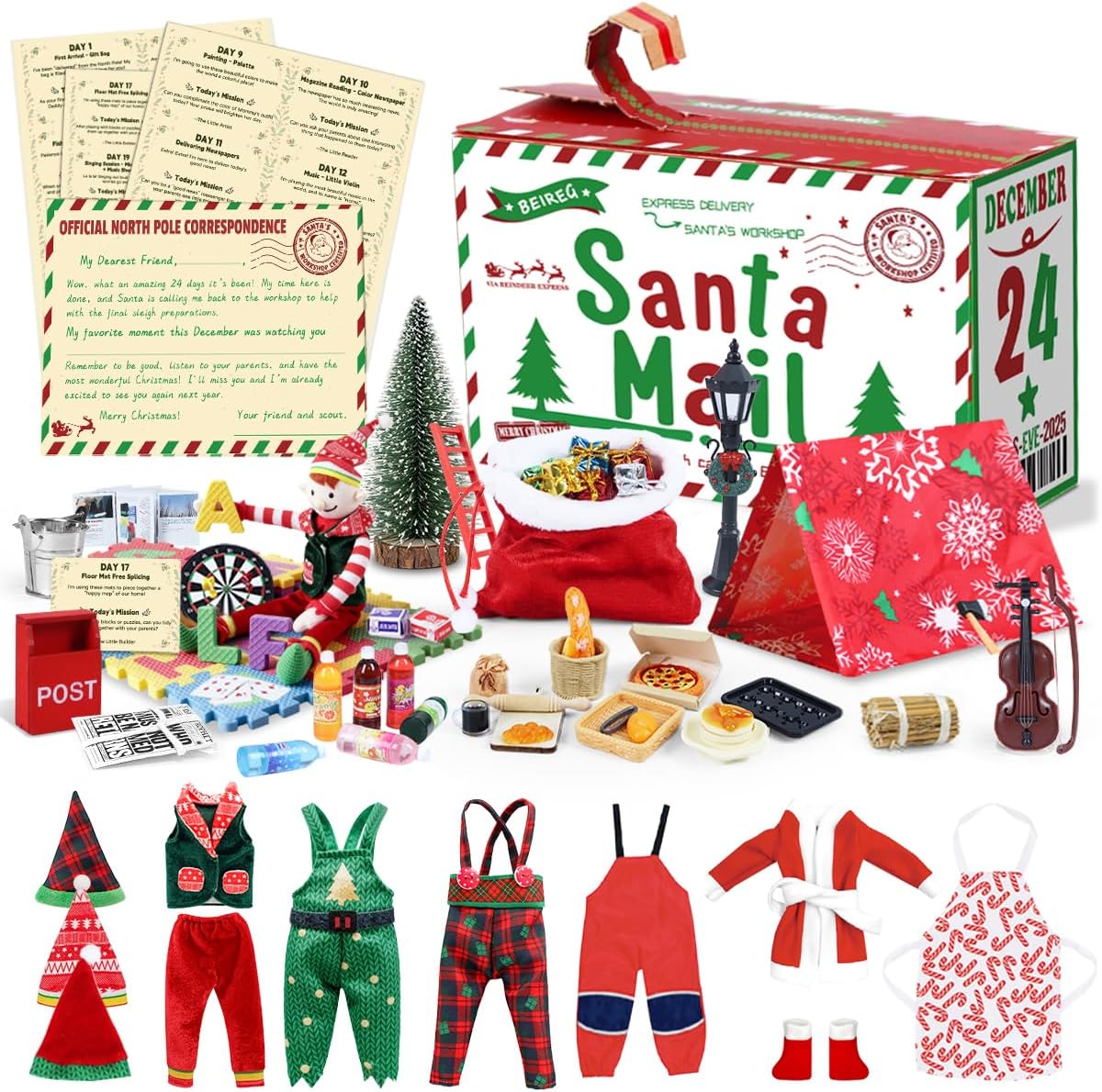 Christmas Elf Adventure Playsets Box, 2025 Elf Kit 24-Day Fun Challenges with Daily Tasks, Clothes Props Accessories for DIY Scenes, Creative Idea for Kids Christmas Decorations