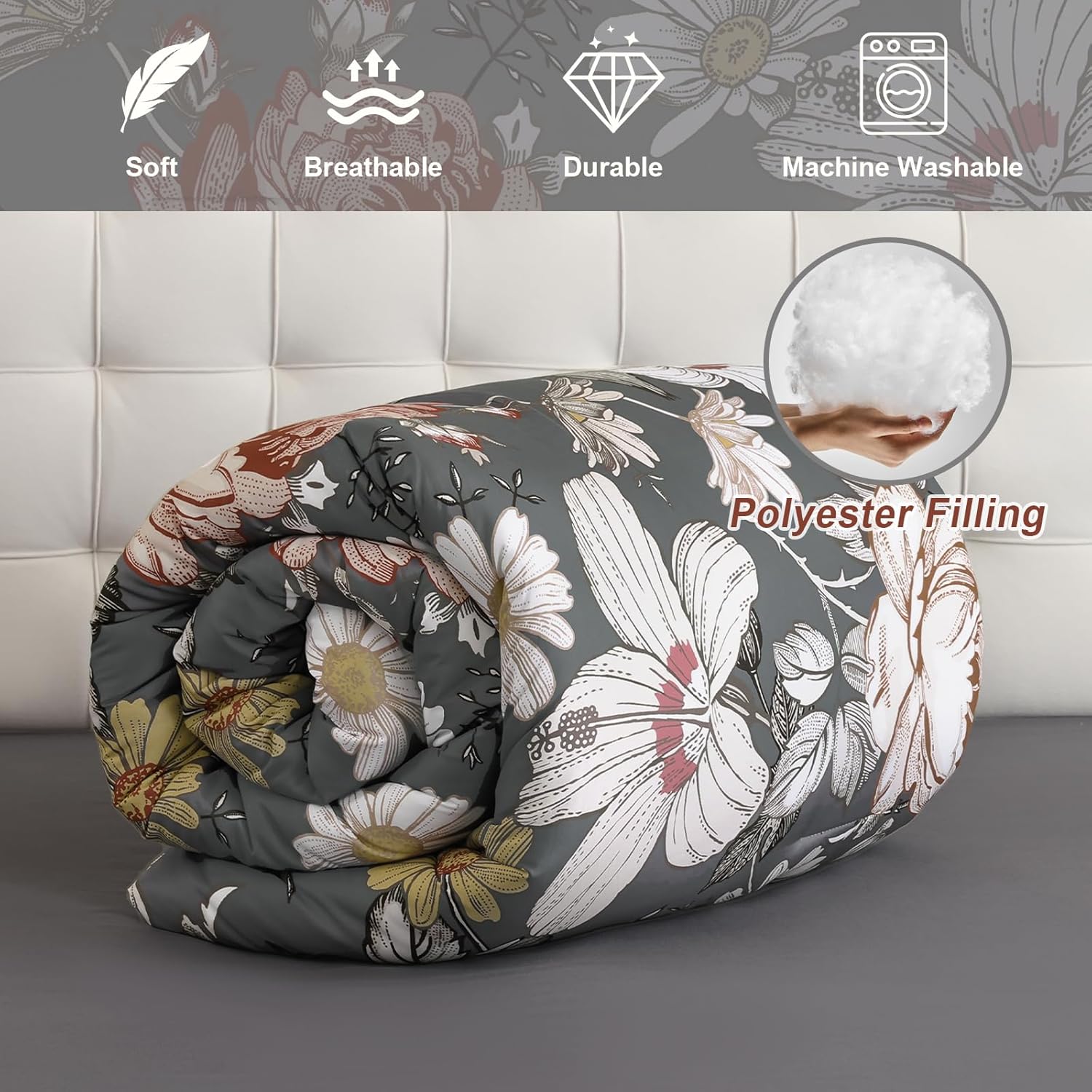 Luxudecor King Comforter Set 7 Pieces Bedding Sets,Gray Floral Comforter and Sheet Set,Soft Microfiber Bed in a Bag for All Seasons (Gray,104"x90") - Image 8