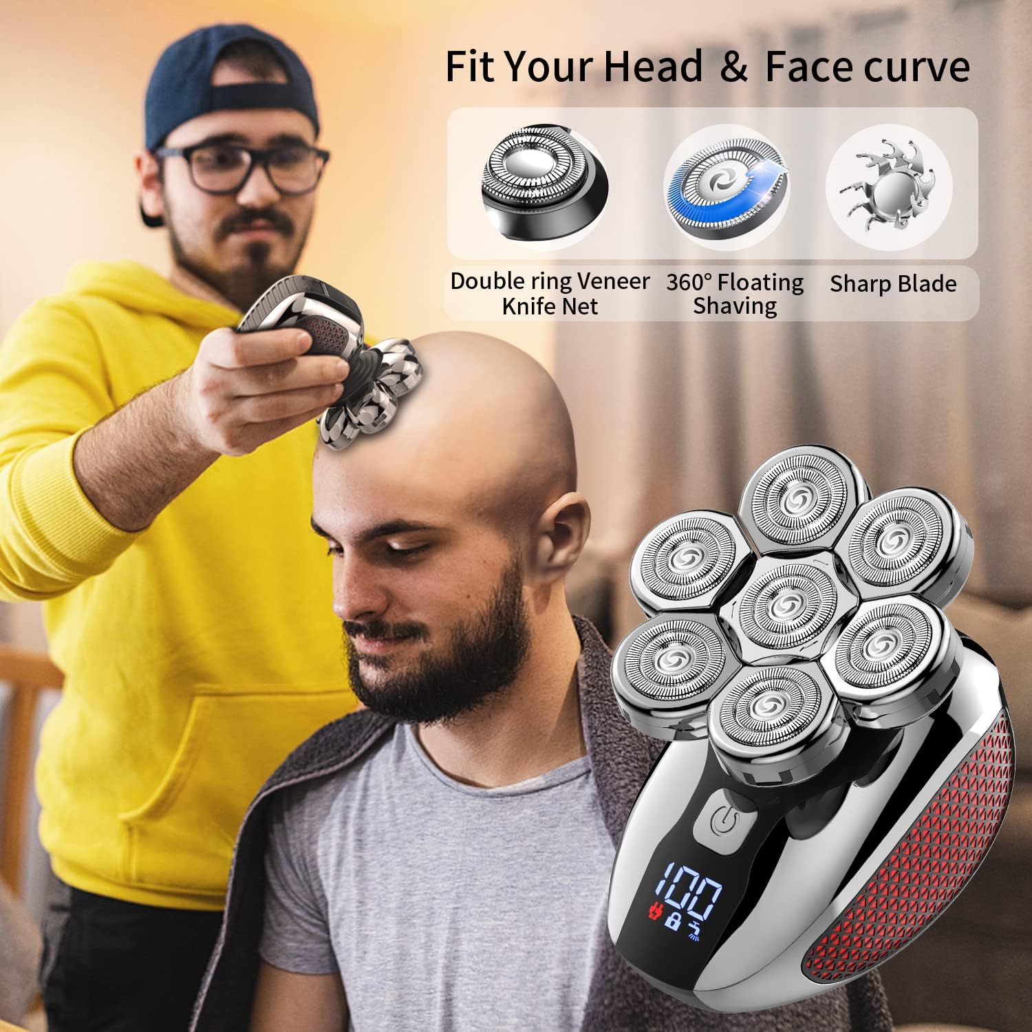 Head Shaver for Bald Men 7D, Bald Head Shavers for Men Wet&Dry,CHLANT 5-in-1 Electric Head Shaver for Men Head Razor Cordless Rechargeable Waterproof, Electric Razor for Men Rotary Shaver Grooming Kit - Image 4