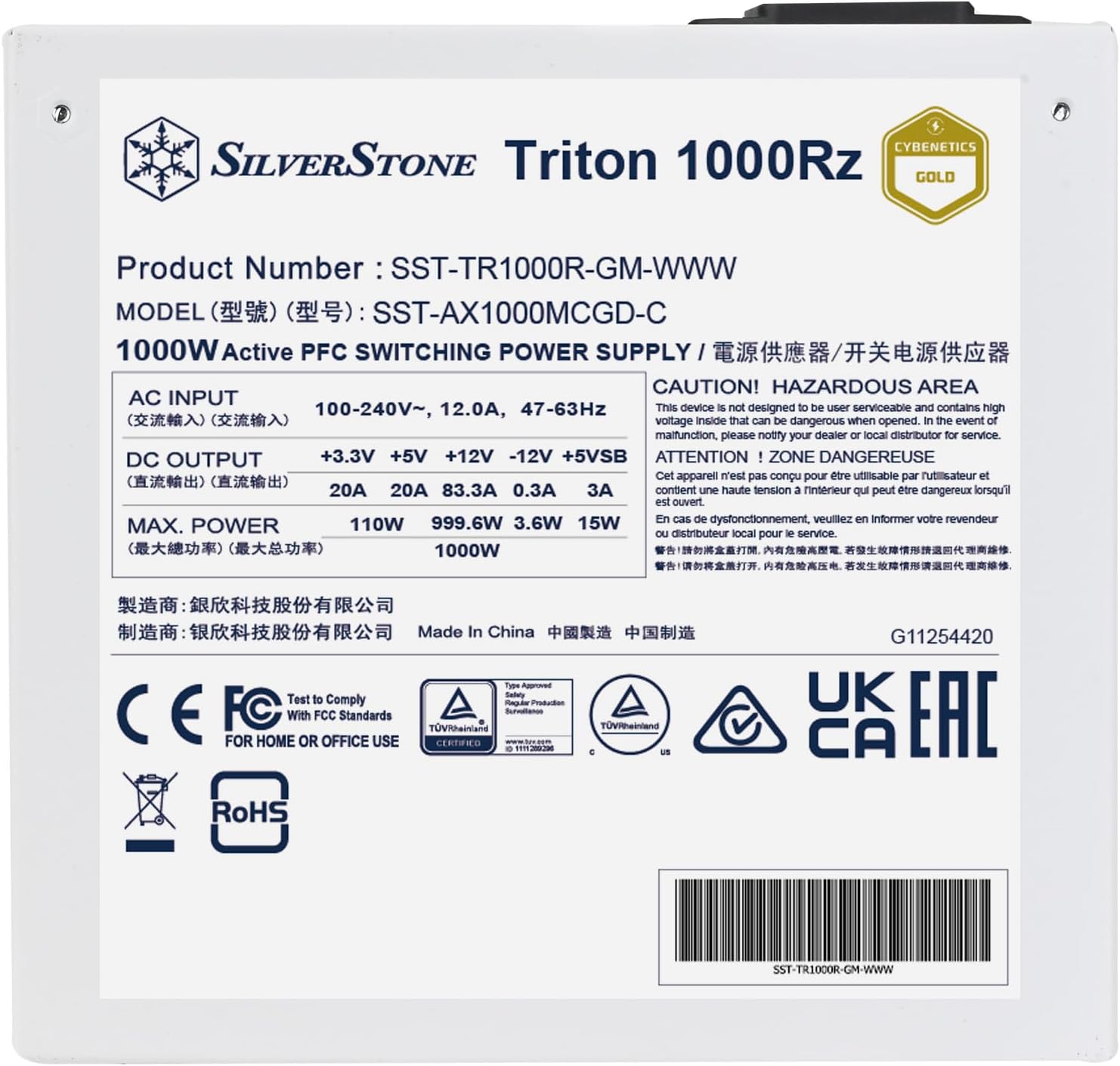 SilverStone Technology Triton 1000Rz - Cybenetics Gold 1000W PCIe 5 Fully Modular ATX Power Supply, White, SST-TR1000R-GM-WWW
