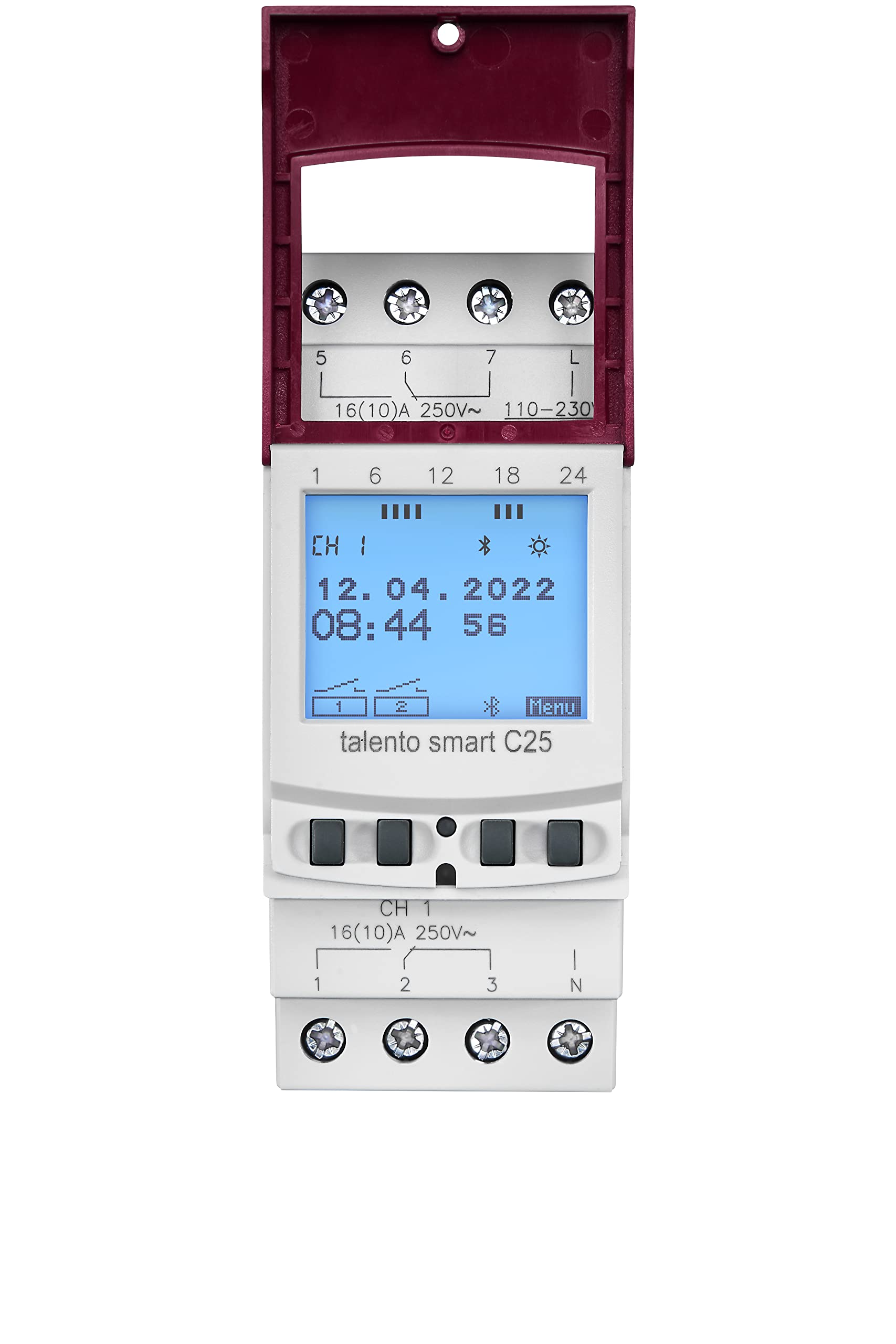 43.03.0002.1 talento smart C25 2-Kanal-Astro-Zeitschaltuhr digital | Bluetooth/App, 2 TE, DIN-Schiene/Hutschiene, 500 Speicherplätze, Wochen-/Jahresprogramm, Impuls/Zyklus, 8 Jahre Gangreserve