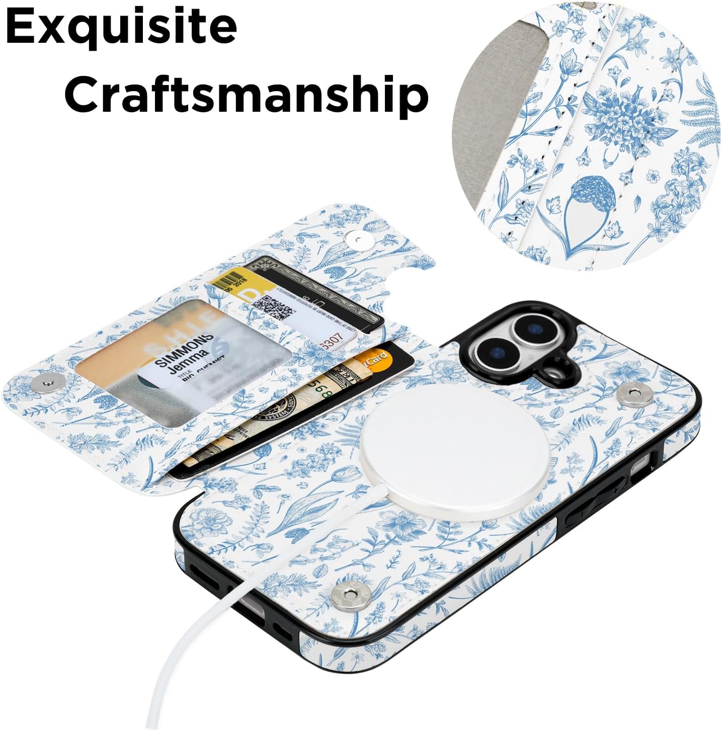 uCOLOR for iPhone 16 Wallet Case Magsafe with Card Holder Slot【Compatible with MagSafe】 Folio Flip PU Leather Design with Camera Lens Protector 6.1"(Blue Toile Flowers)