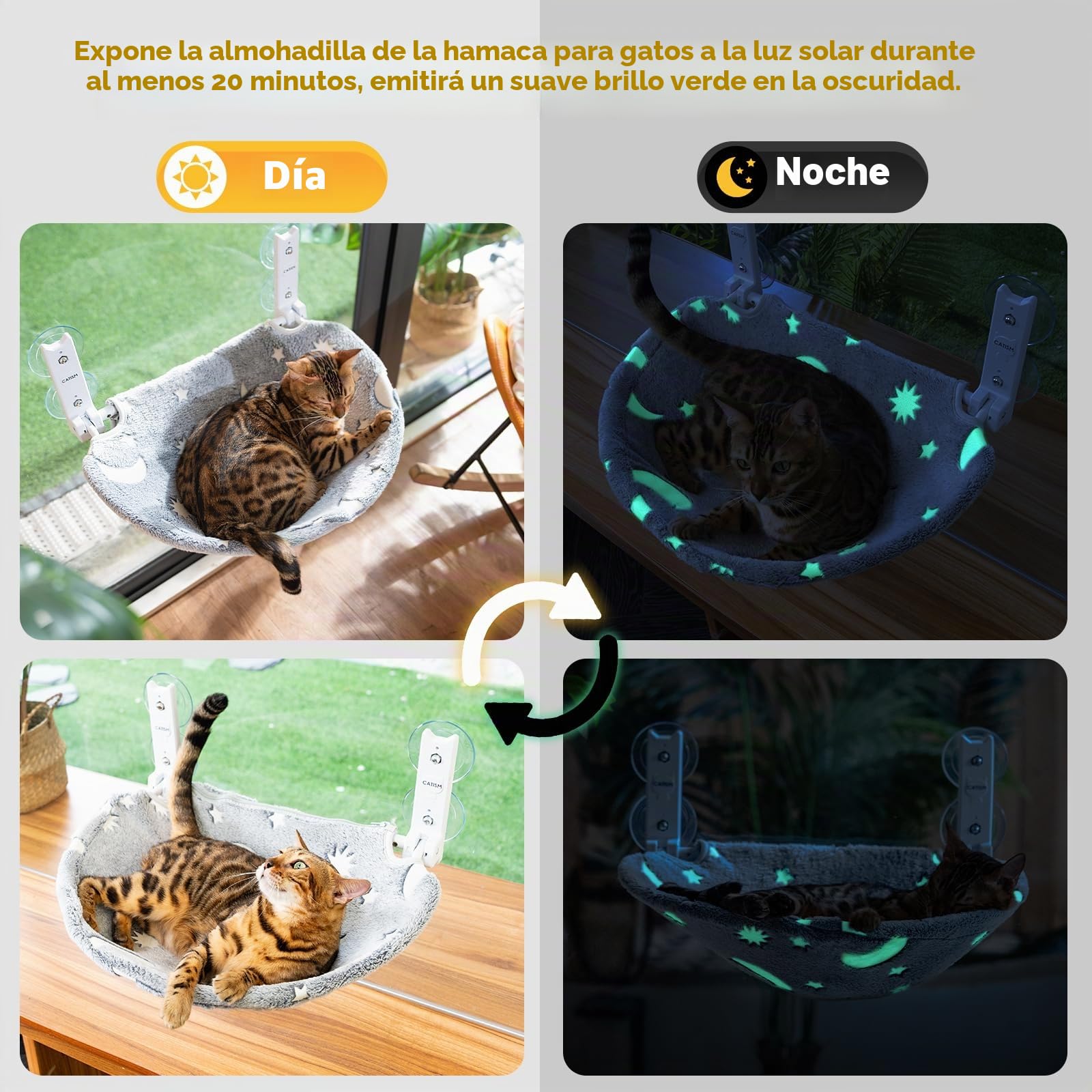 CATISM Plegable Hamaca Gato Ventana con Luminosa Estrellas y Luna, Camas para Ventanas con Ventosa Fuerte, Asiento Ventana Tumbona para Gatos, Tela Lavable, Cama Gato Ventana (50 x 36.5 cm)
