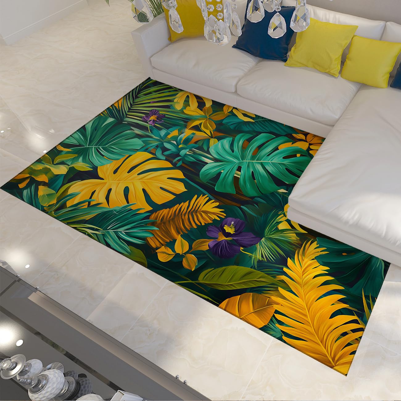 Tapis salon feuilles vertes monstera 120x180 moquette chambre enfant