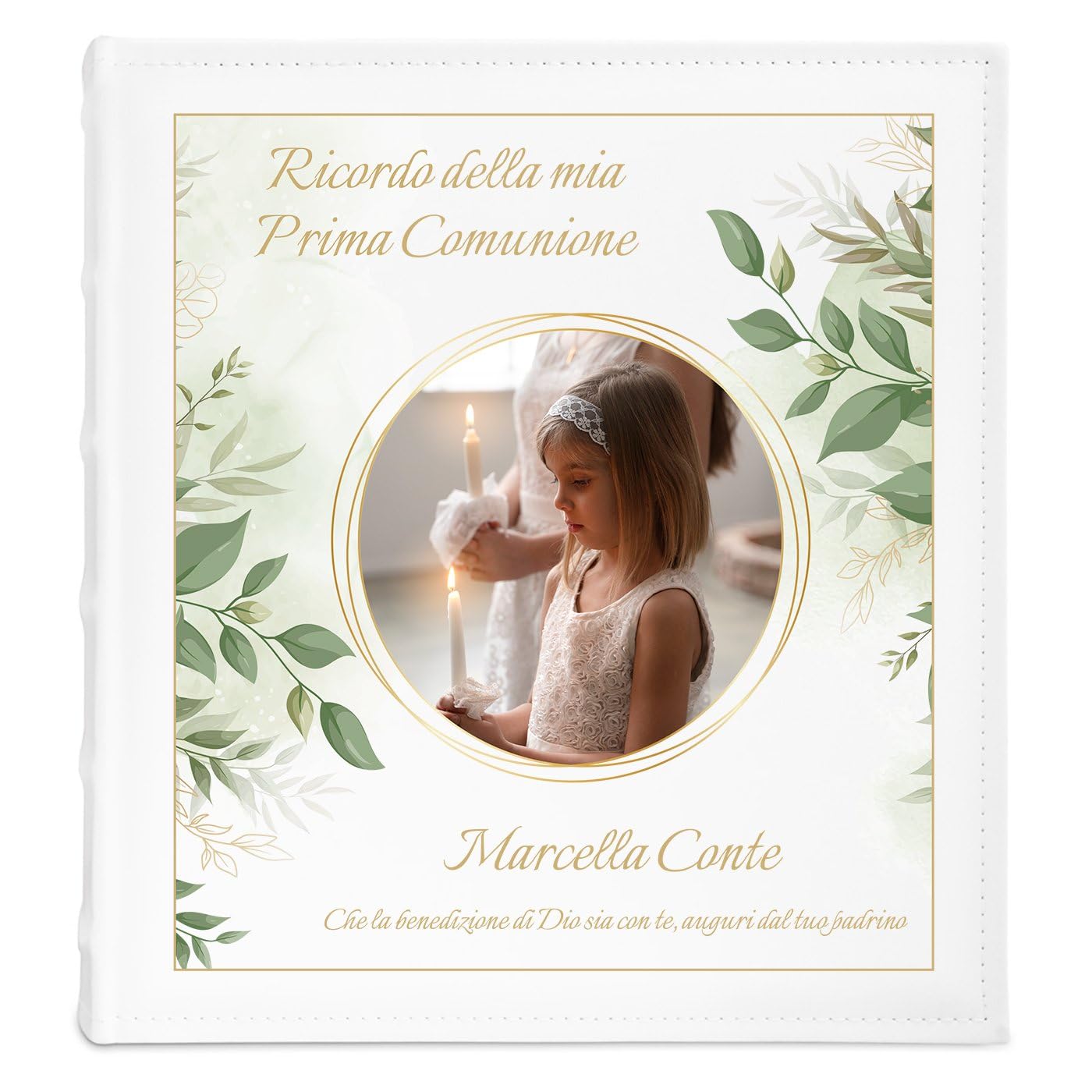 Maverton Album Foto Personalizzato - Copertina in Pelle Sintetica Bianca Personalizzata con Stampa Colorata - 60 pagine nere - 240 foto 10x15 cm - regali per prima comunione - Comunione