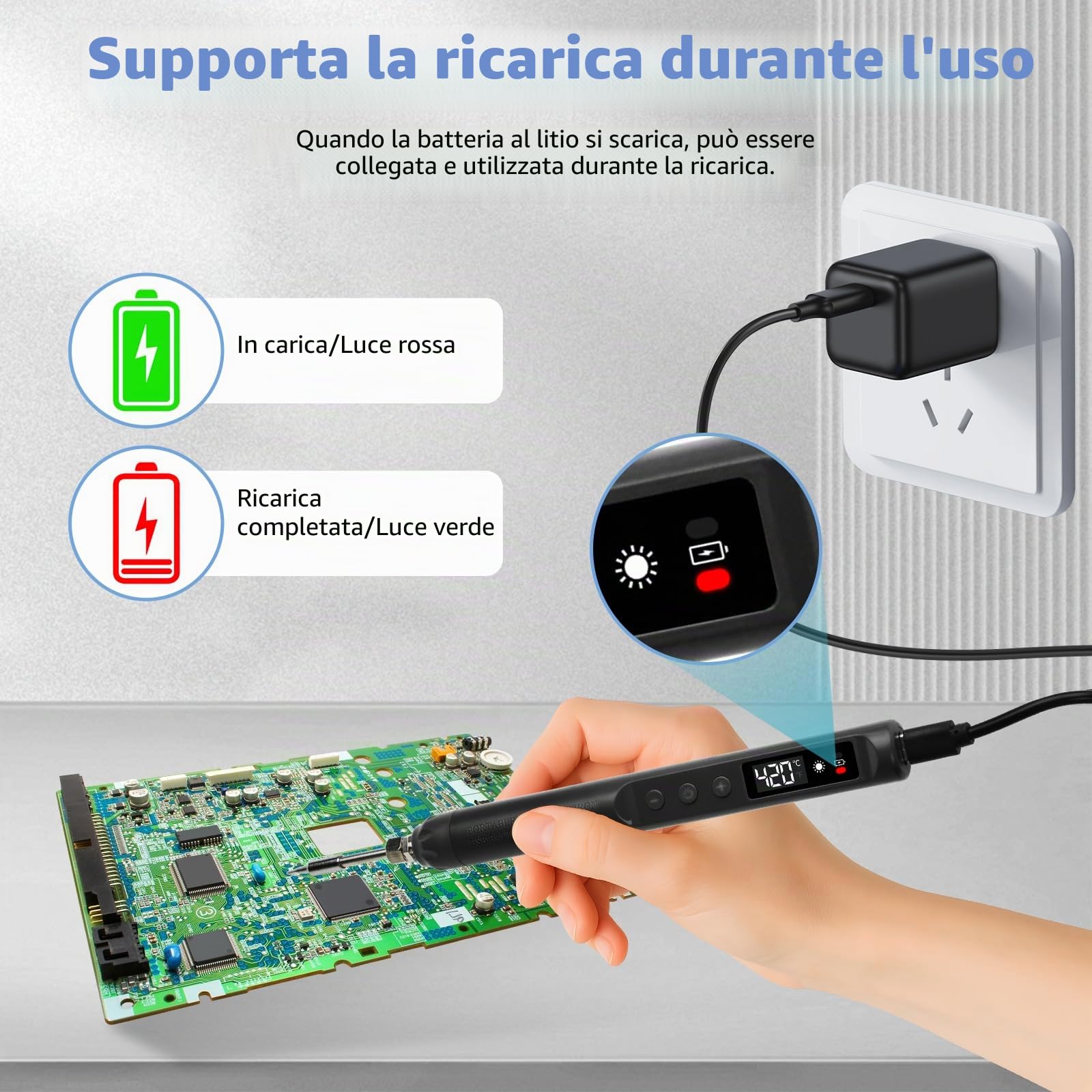diymore Kit saldatore USB-C, saldatore portatile senza fili con display LCD, temperatura regolabile 200°C - 450°C, con 3 punte per riparazione elettronica, creazione di gioielli, progetti fai-da-te
