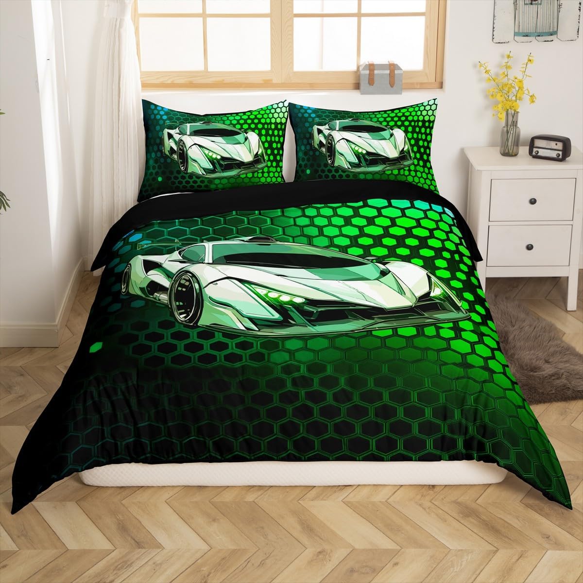 jejeloiu Kids Green Race car Comforter Cover Toddler Size, Speed Sports Car Bedding Set Boys Girls Extreme Sports Duvet Cover Teens Bedroom Decor Bed Set with 1 Pillow Case (No Comforter)