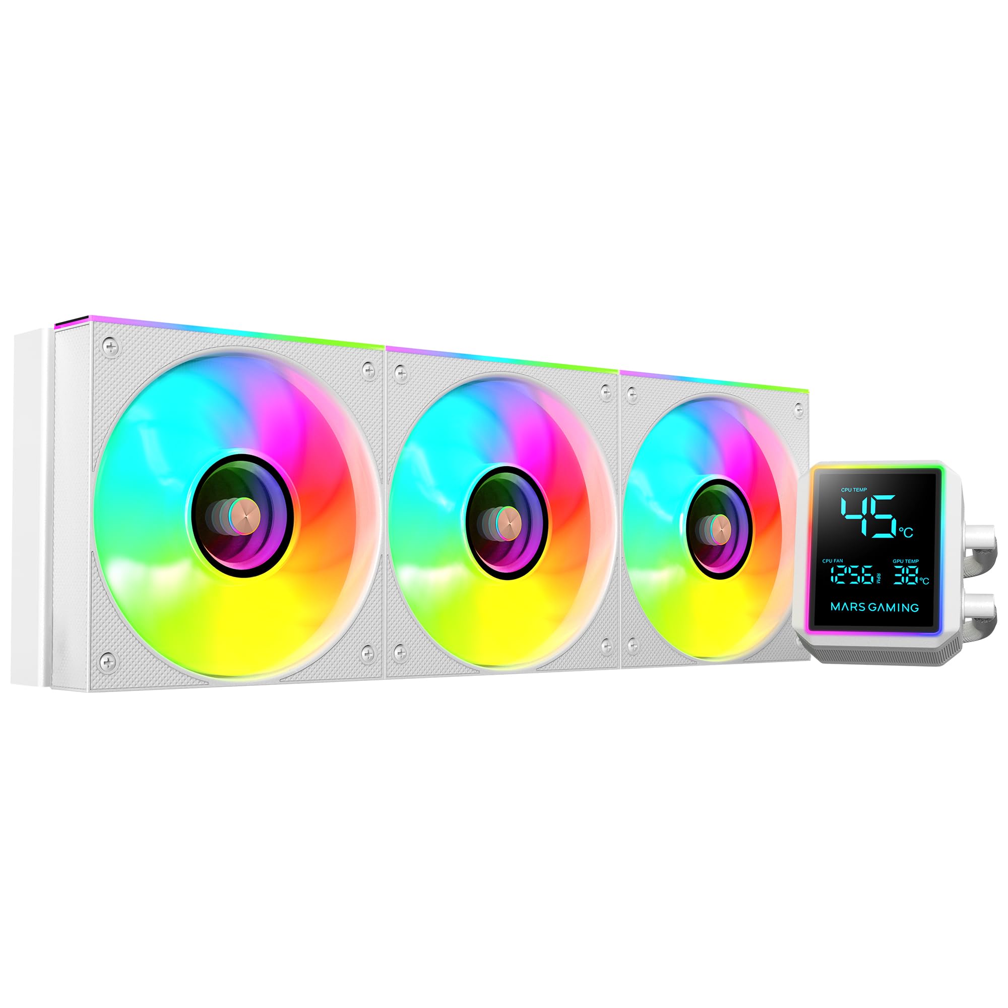 Mars Gaming ML-LCDPRO360 Raffreddamento Liquido AIO 600 W TDP, Schermo LCD 2,8" Multimonitor, Pompa 4ª Gen Opti-Chamber con Base in Rame, 3× Ventole 120 mm ARGB Infinity Mirror, Bianco