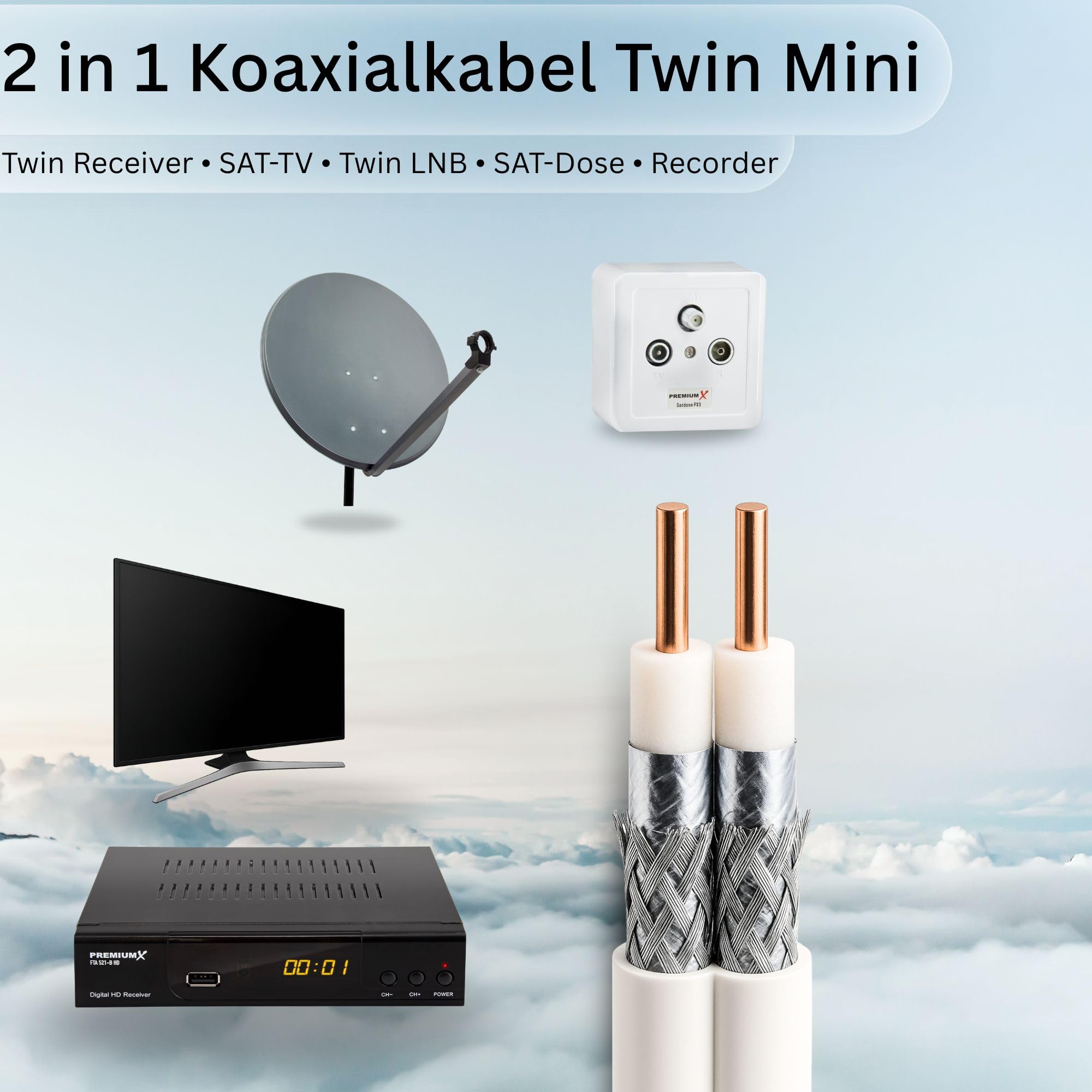 PremiumX Kabel koncentryczny satelitarny 90 dB Twin Mini 2 x 4 mm, bardzo cienki, biały, 2-krotny ekranowany, do telewizji satelitarnej, DVB-T - Ultra HD 4K 3D