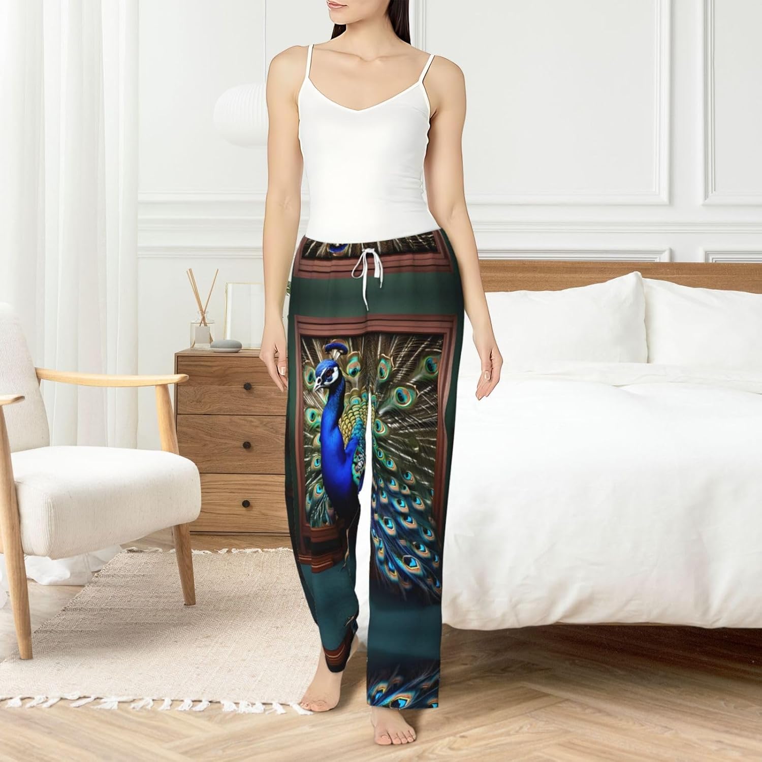 Beautiful Peacock Picture Print Cozy Flannel Pajama Pants For Women,Warm Christmas Pj Pants,Cute Fleece Pajamas