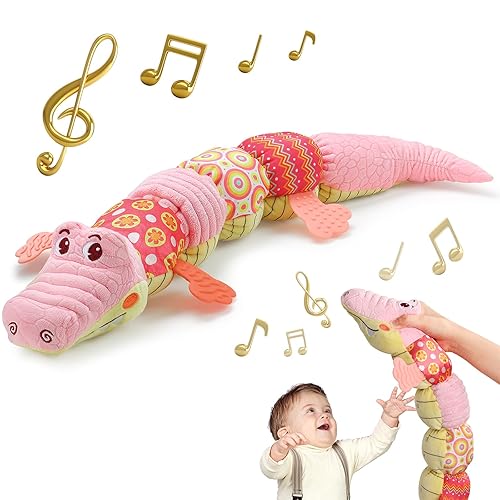 Sumobaby Juguetes de Cocodrilo para Bebé Cocodrilo Musical, Juguetes Blandos de Actividad de Peluche con Mordedor, Arrugado Multisensorial, Sonajero