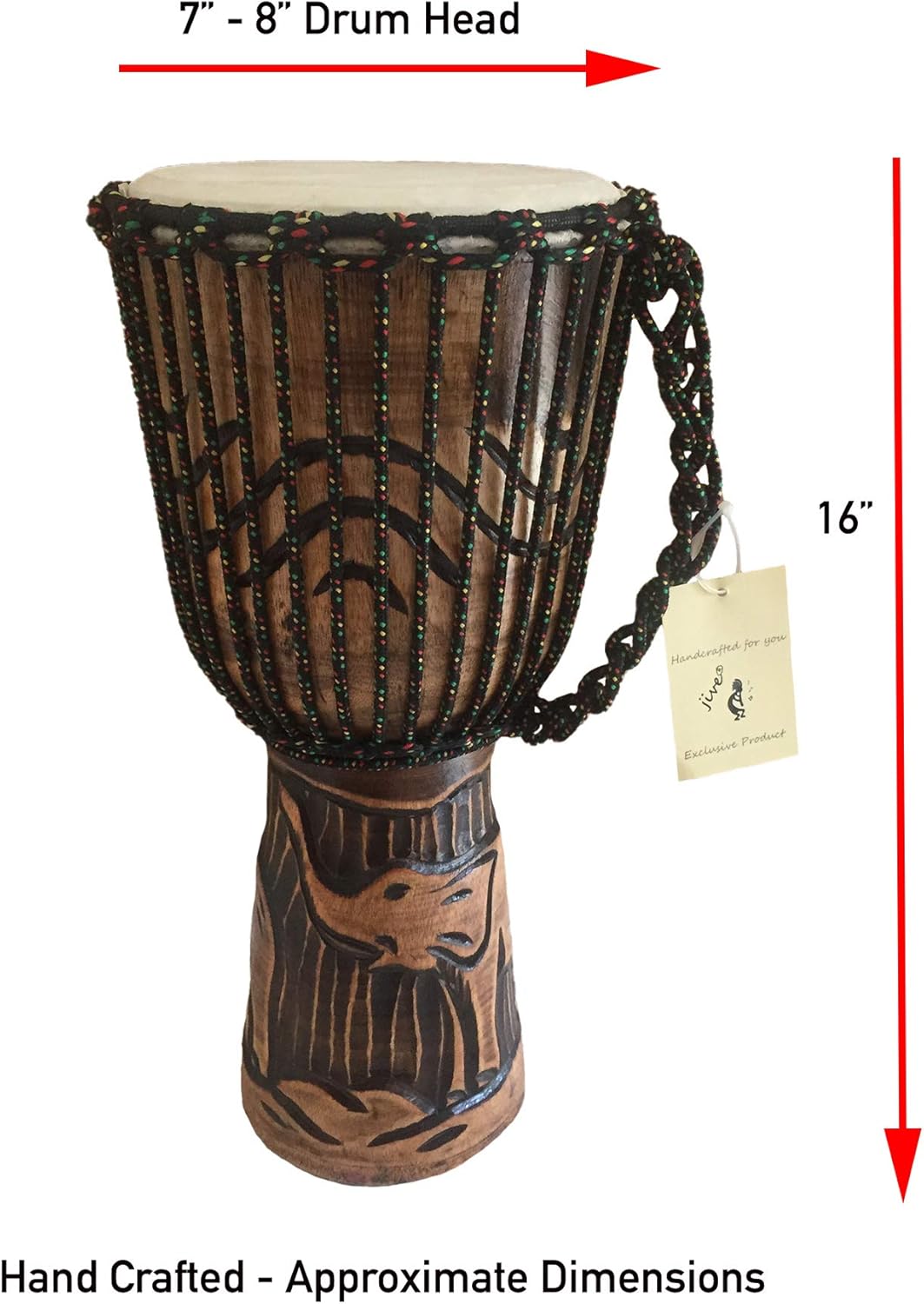 JIVE Djembe Drum African Bongo Congo Wood Drum Deep Carved Solid Mahogany Goat Skin Professional Quality 16" High (Elephant)